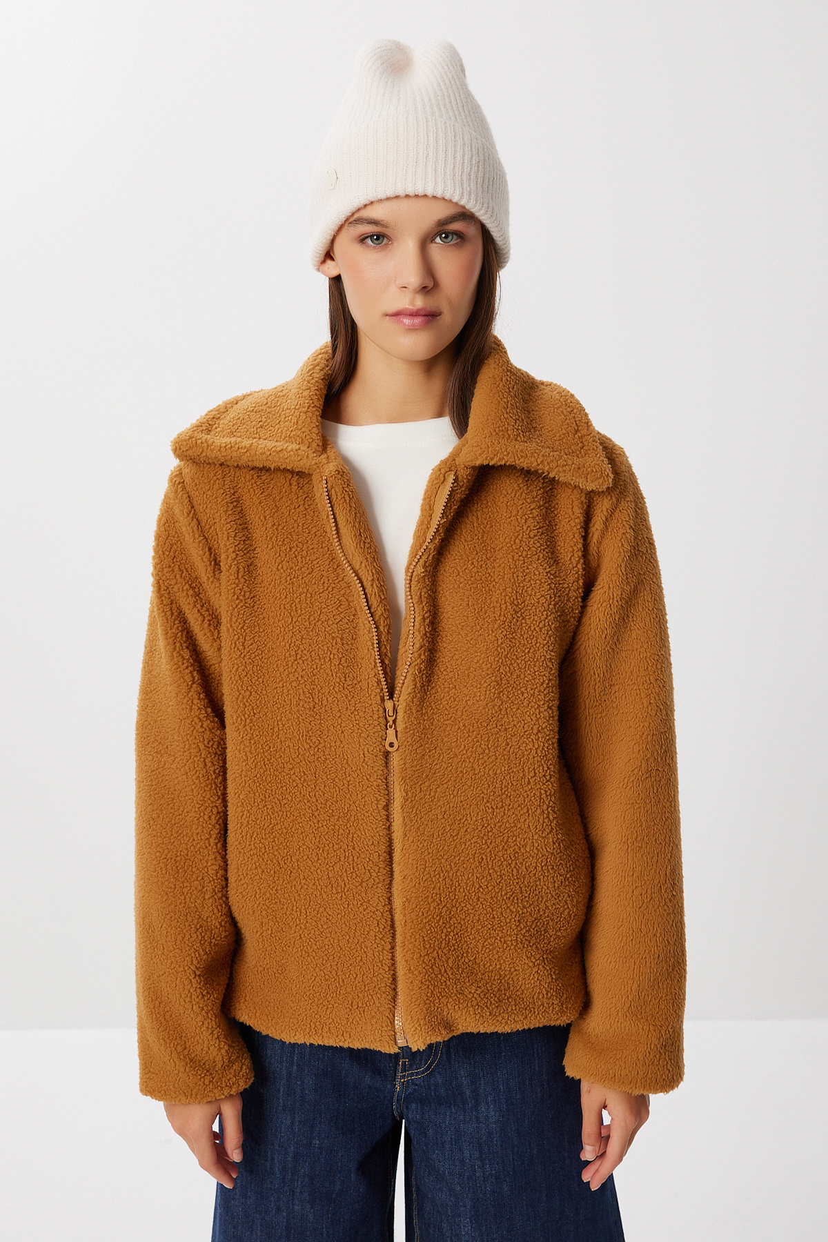 Lovelyİstanbul Polo Yaka Fermuarlı Peluş Mont LCI0042 CAMEL görsel 5