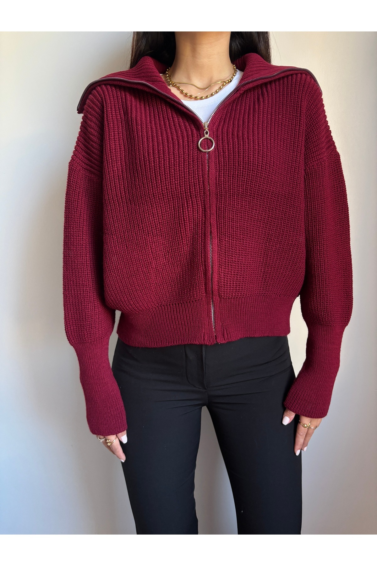 LOTUS CITY  Bordo Devrik Yaka Fermuarlı Triko Hırka - Görsel 4