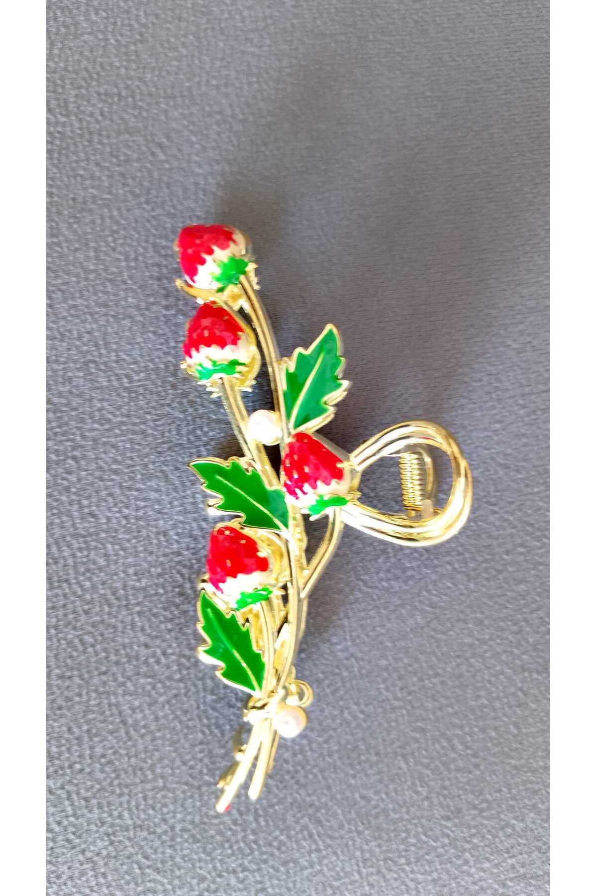 ŞEHRAZAT HANDMADE TASARIM BÜYÜK BOY ÇİLEK FİGÜRLÜ METAL MANDAL SAÇ TOKASI görsel 4