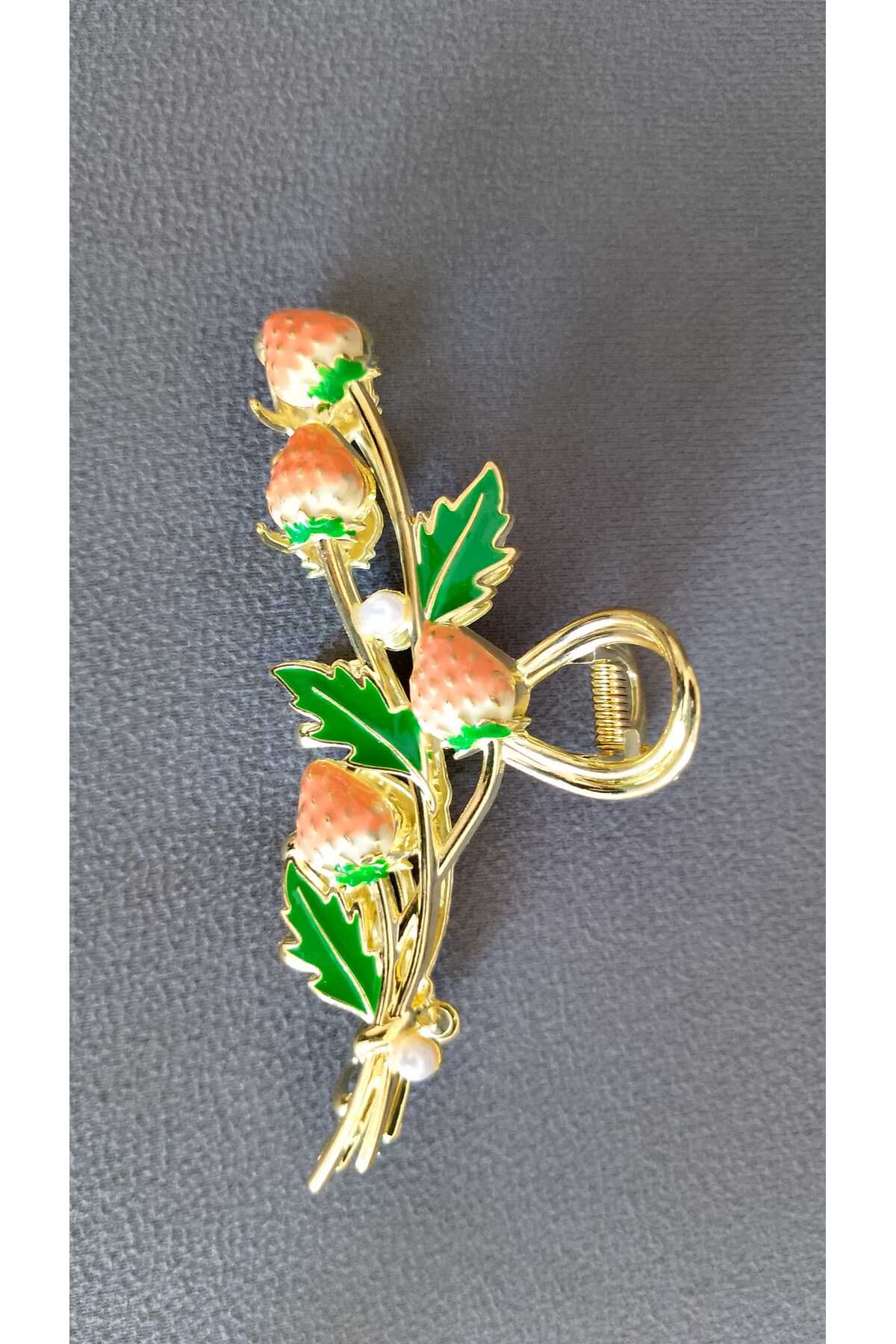 ŞEHRAZAT HANDMADE TASARIM BÜYÜK BOY ÇİLEK FİGÜRLÜ METAL MANDAL SAÇ TOKASI görsel 2
