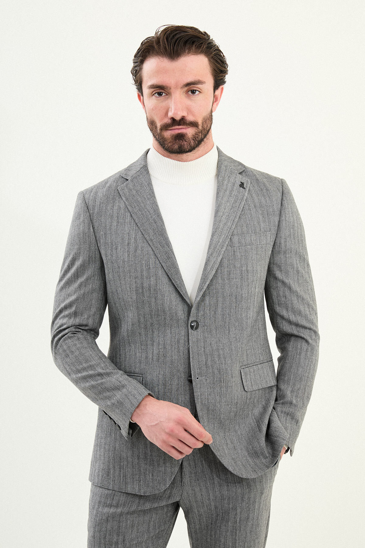 Desenli Slim Fit Mono Yaka Yün Erkek Takım Elbise Gri - 45429.25K — رنگارنگ — تصویر 4 از 6