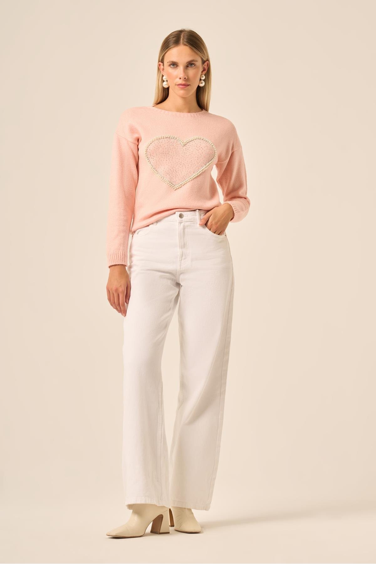 FTZ WOMEN  Kadın Kalp Detay Şardon Kazak Pudra 25214 - Görsel 6