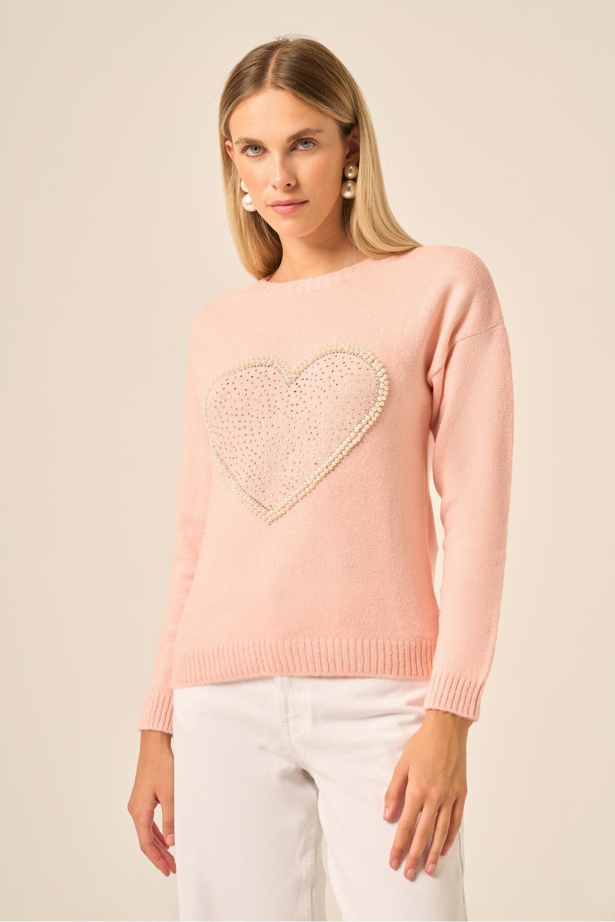 FTZ WOMEN  Kadın Kalp Detay Şardon Kazak Pudra 25214 - Görsel 3