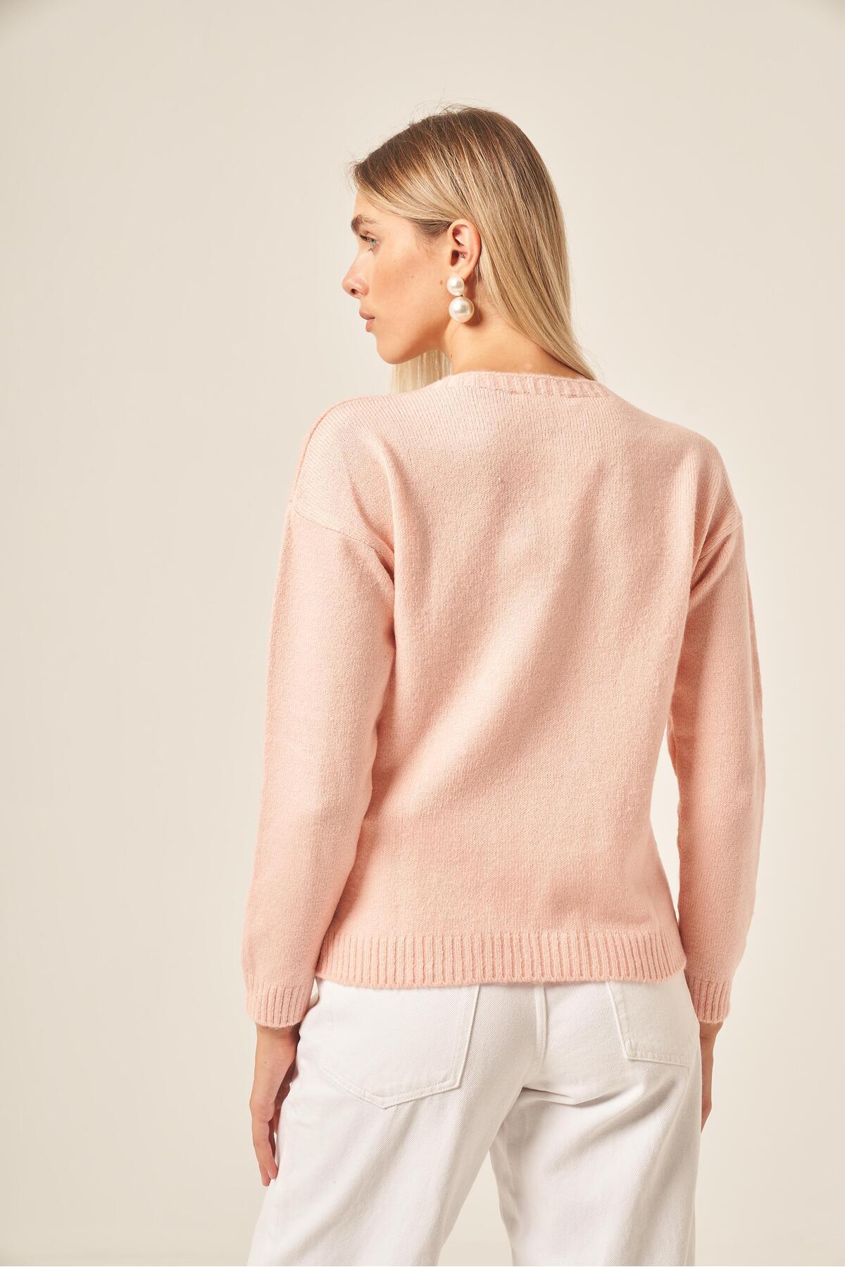 FTZ WOMEN  Kadın Kalp Detay Şardon Kazak Pudra 25214 - Görsel 7