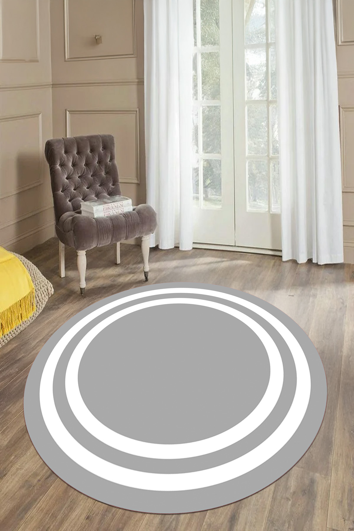 Round Lounge Rug with Printed Washable and Non-Slip Base Straight Line Motif Frame