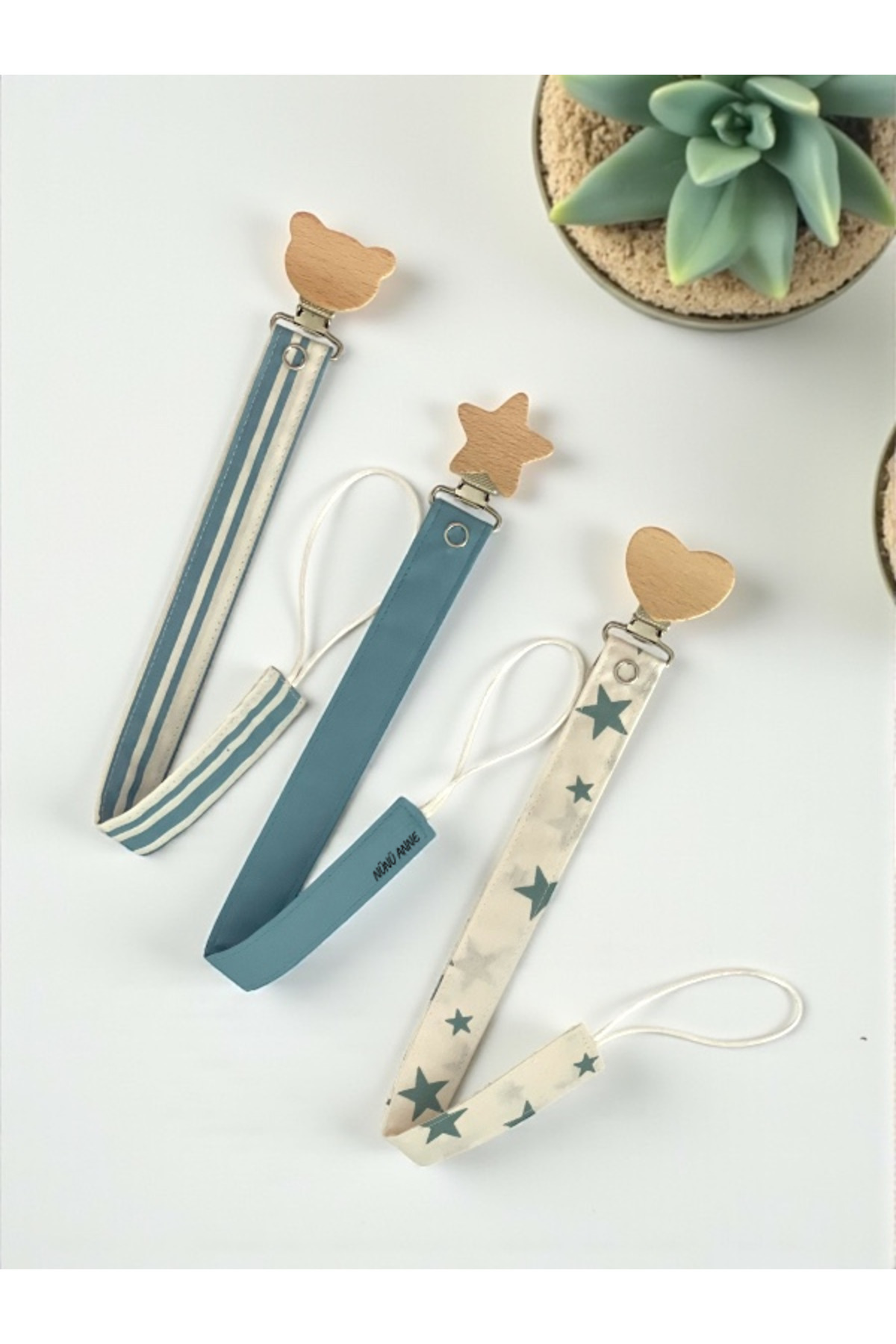 NÜNÜ ANNE , 3'lü Ahşap Klipsi Bebek Emzik Askısı , Bebek Emzik Tutacağı, Emzik Zinciri