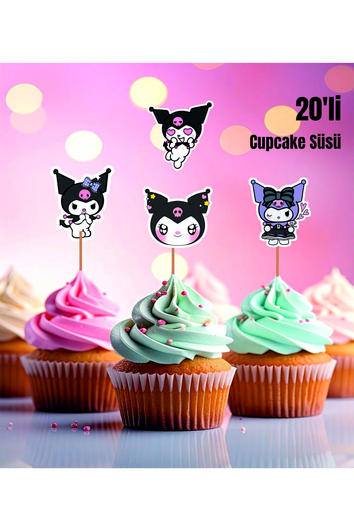 Ege ajans Kuromi Konsept Kürdanlı Cupcake Süsü (20'li Kalın Kağıt)
