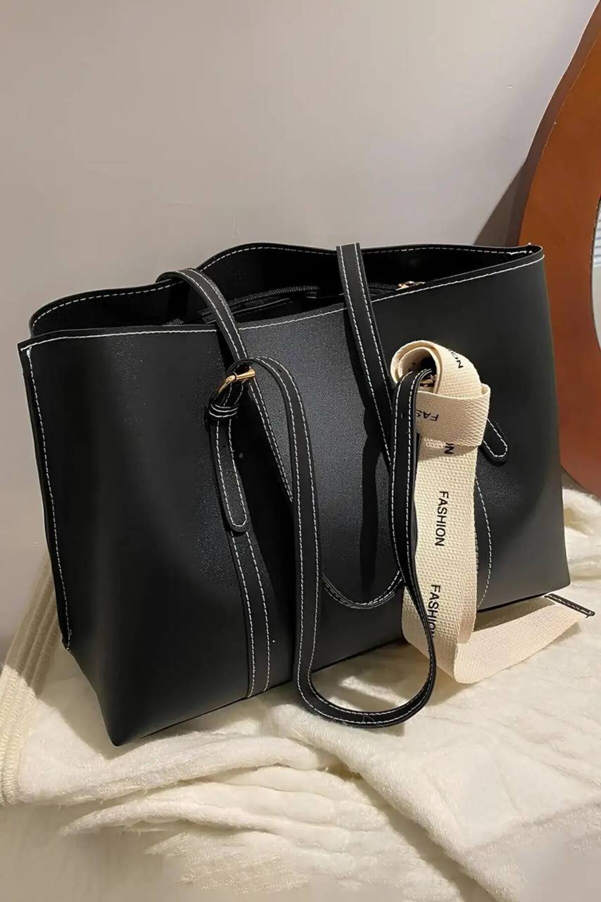 Siyah Fashion Kolon Askılı Büyük Boy Kadın El ve Omuz Çantası görünüm 3