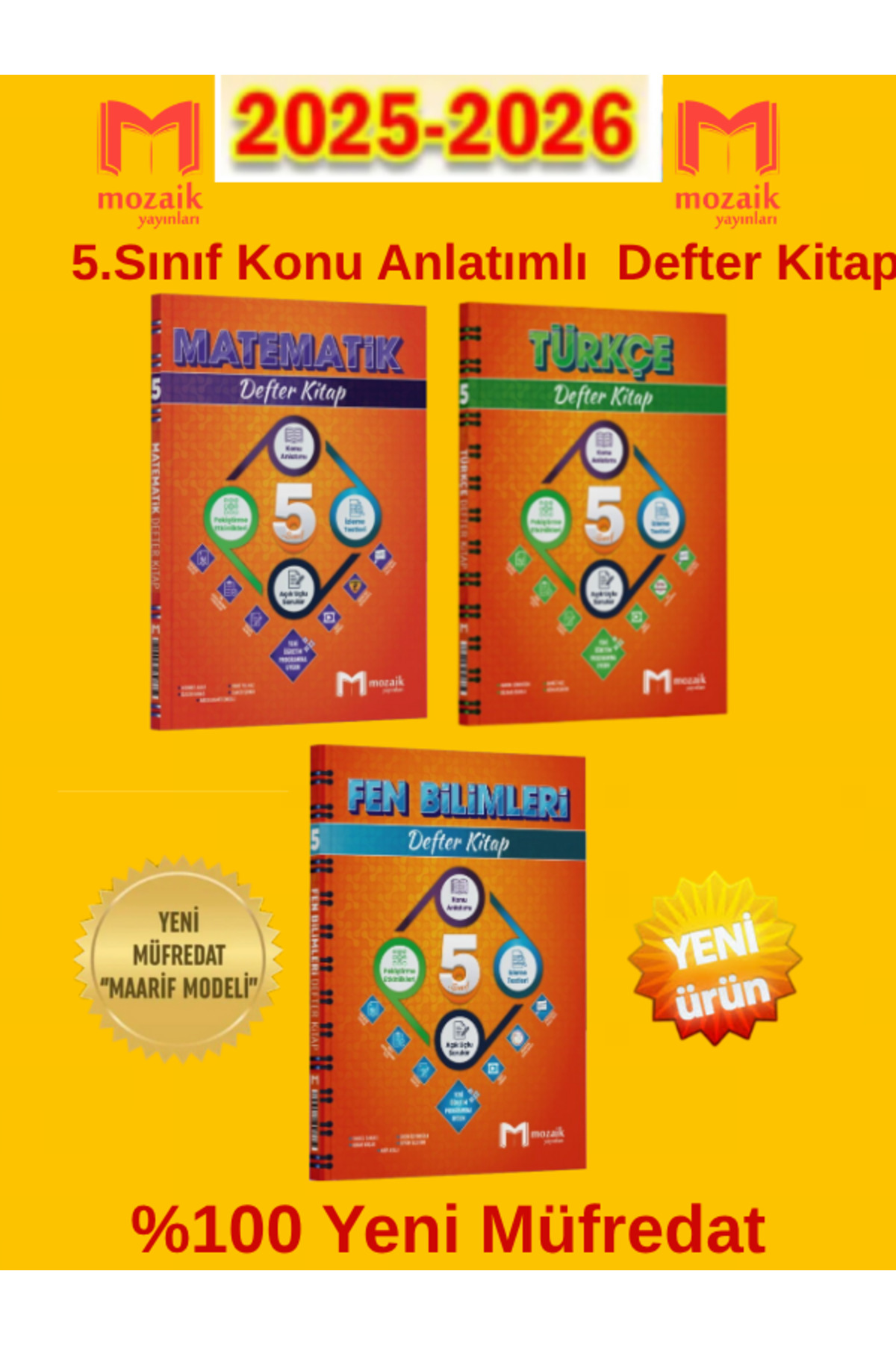 Mozaik Yayınları %100 Maarif Yeni 5.Sınıf Matematik-Türkçe-Fen
