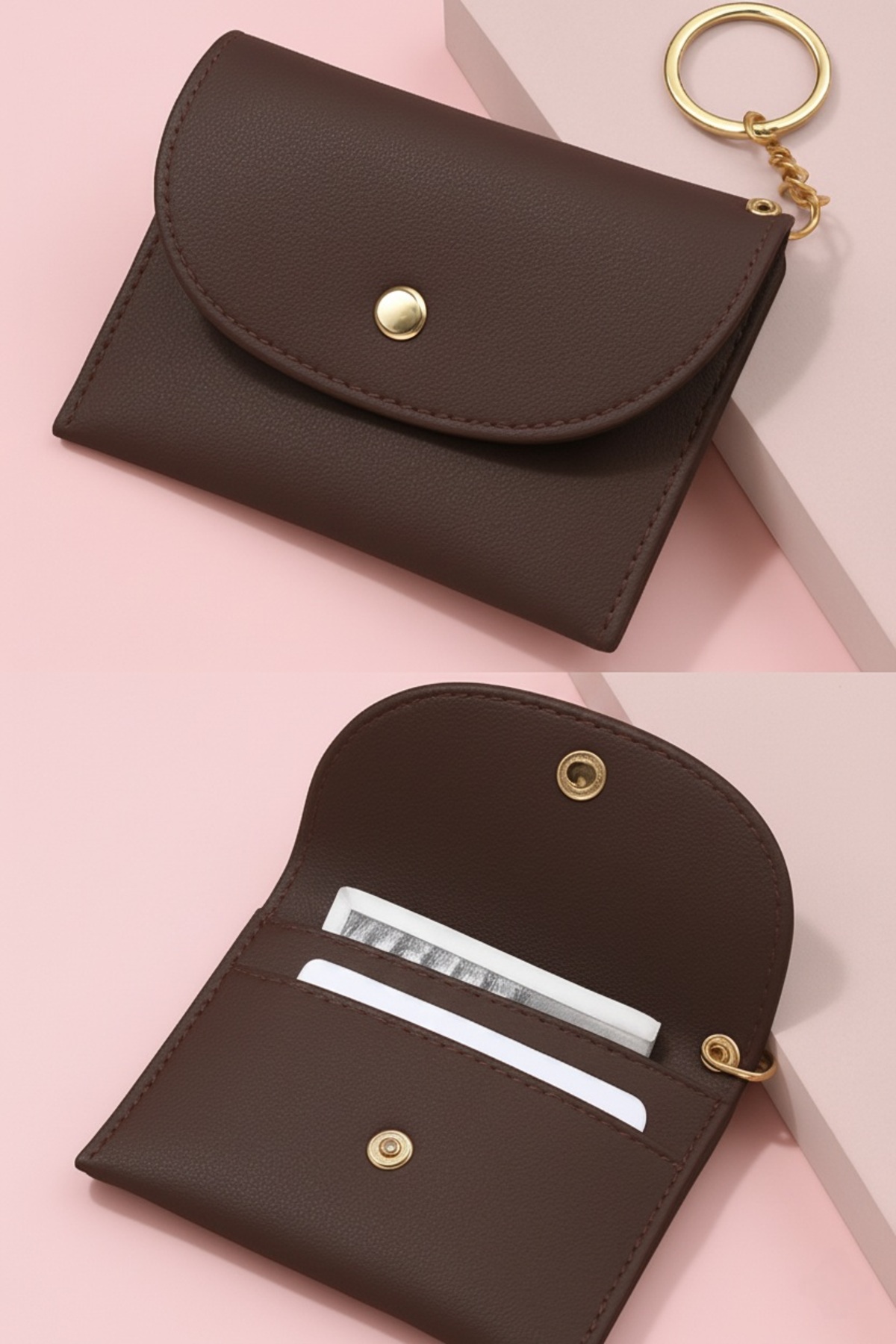 Defnella Acı Kahverengi Çift Bölmeli Anahtarlıklı Mini Kredi Kartlık Cüzdan 10x7 Cm görsel 2