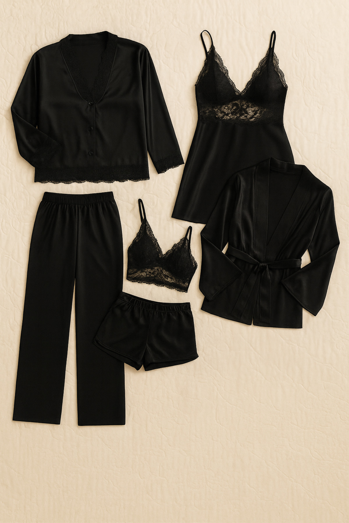 Alissa Kadın Siyah Saten Gelin 6'lı Çeyiz Seti Sabahlık & Gecelik & Pijama Şortlu Takım W8U6O2K0KKA