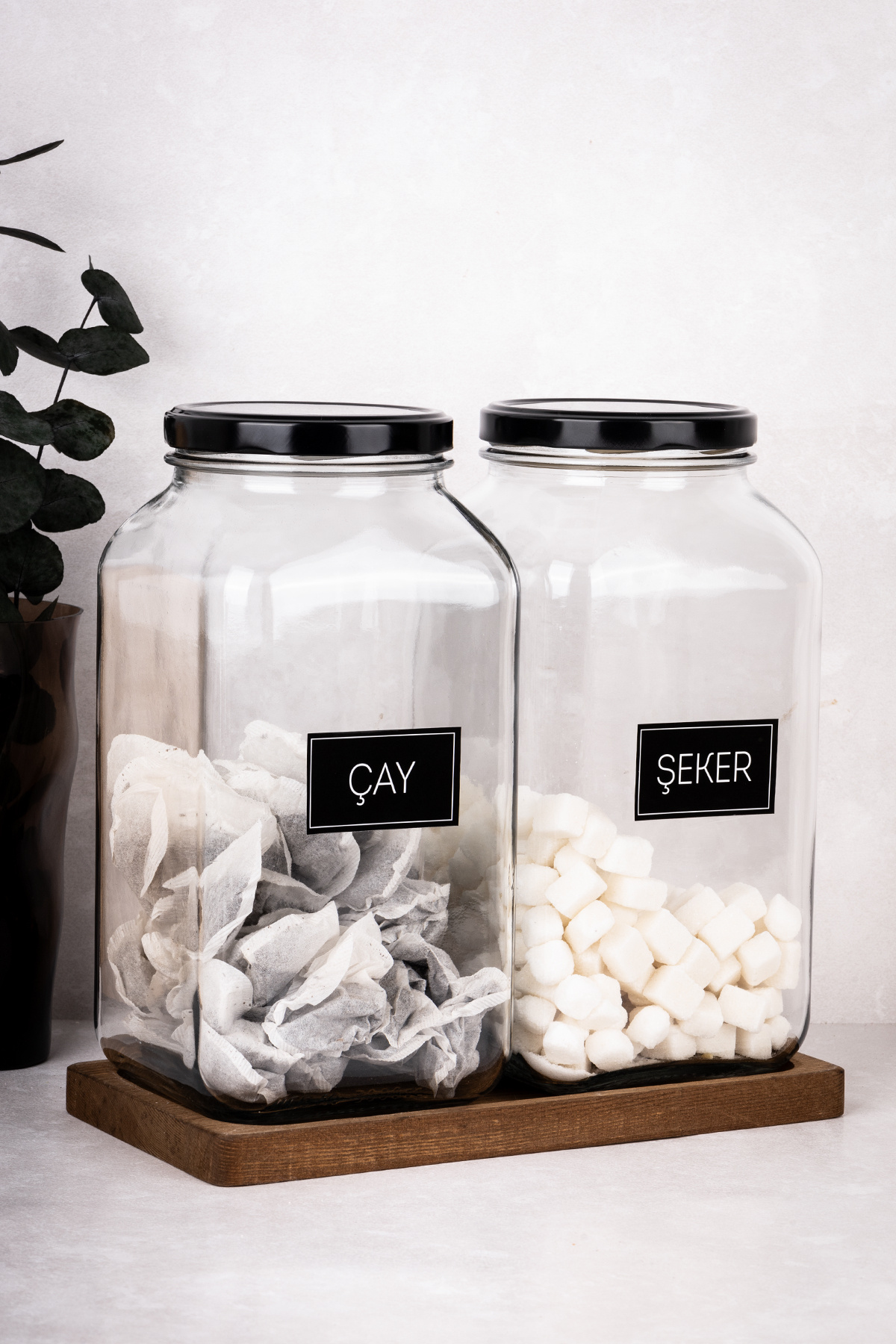 3 Liter Jar Set of 2 3000 ml Glass Jar Set with Metal Lid with Tea Candy Label with Wooden Stand