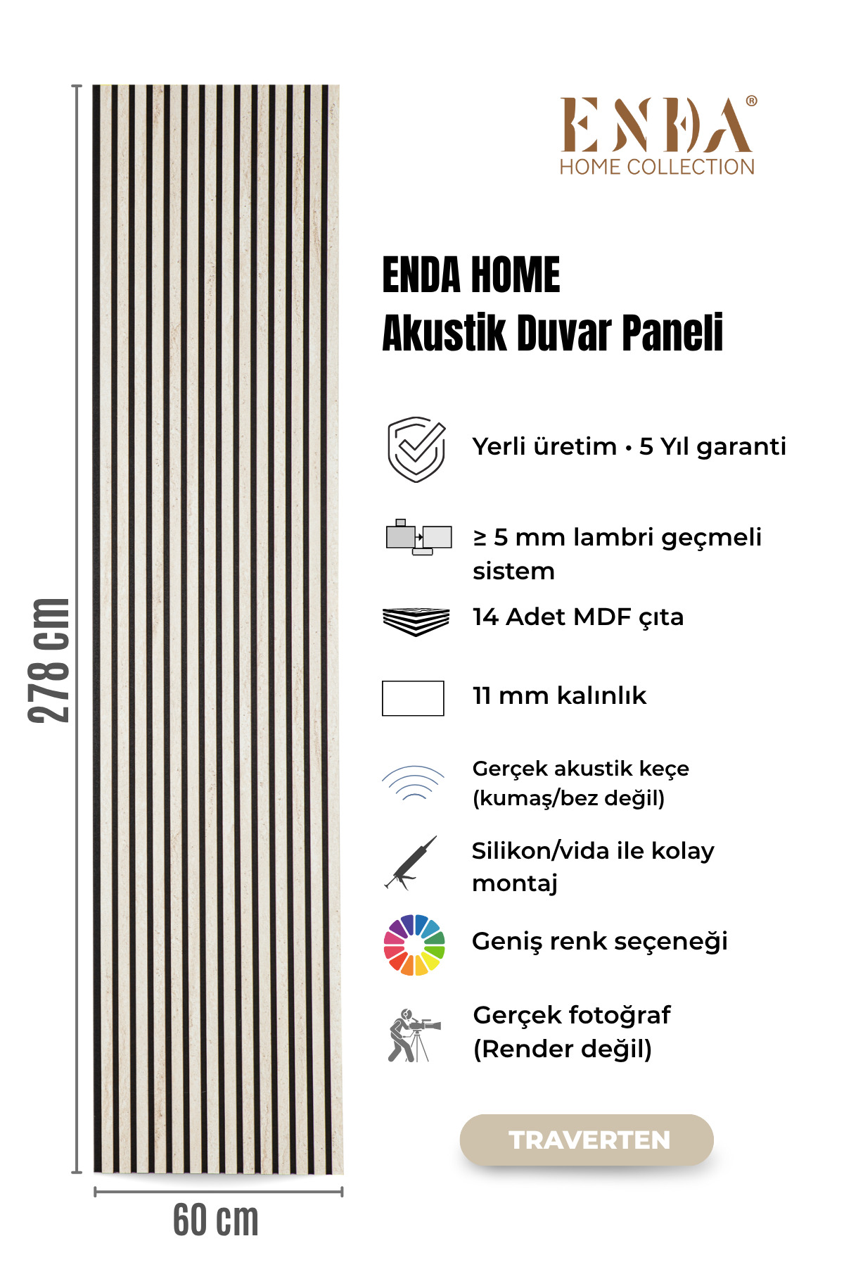 MDF Acoustic Wall Panel 60×278 cm – 11 mm Thickness, Real Felted Decor Lath