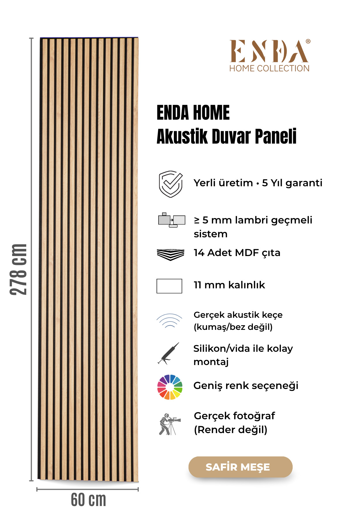 MDF Acoustic Wall Panel 60×278 cm – 11 mm Thickness, Real Felted Decor Lath