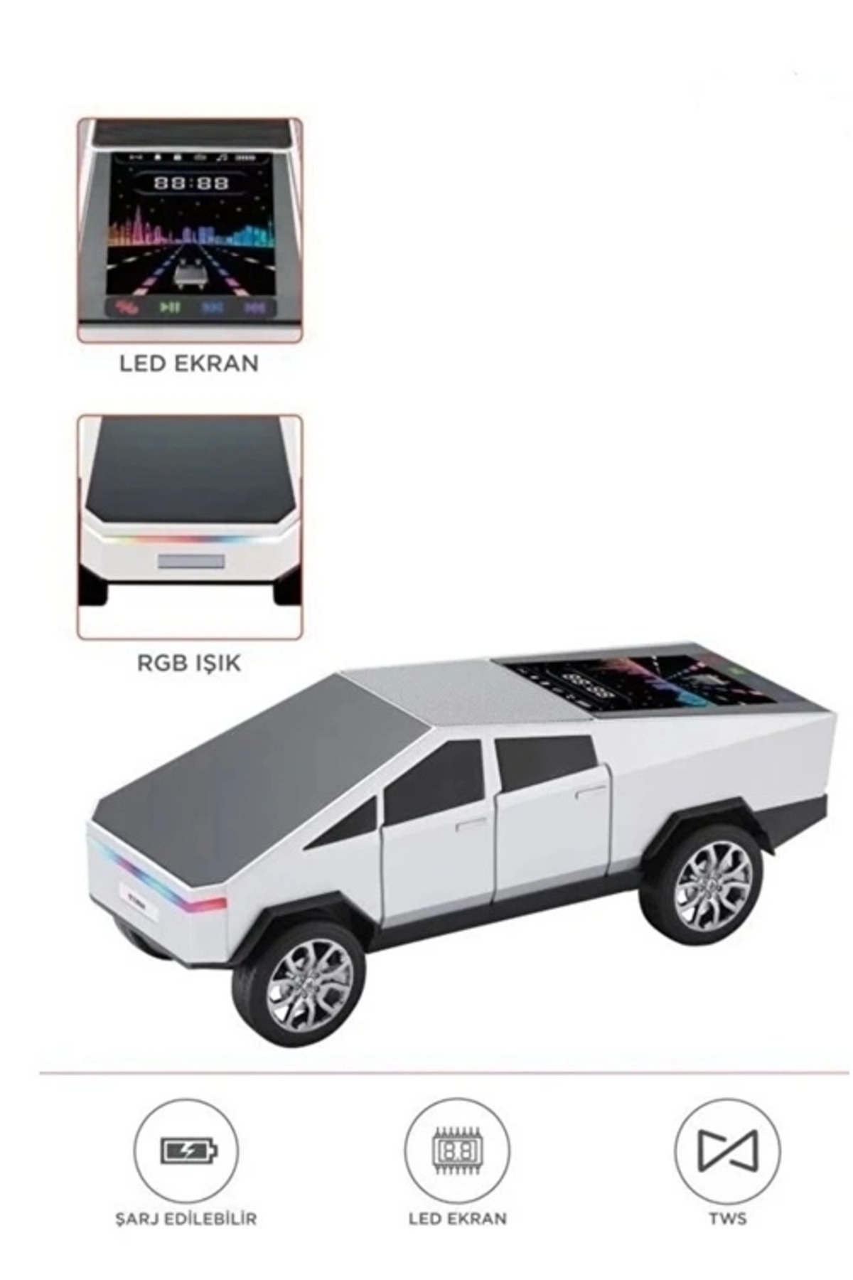 Mey İthalat BFS D68 Cyber Model Araba Tasarımlı Bluetooth Hoparlör 15w Güçlü Ses Rgb Led /tws/usb Beyaz