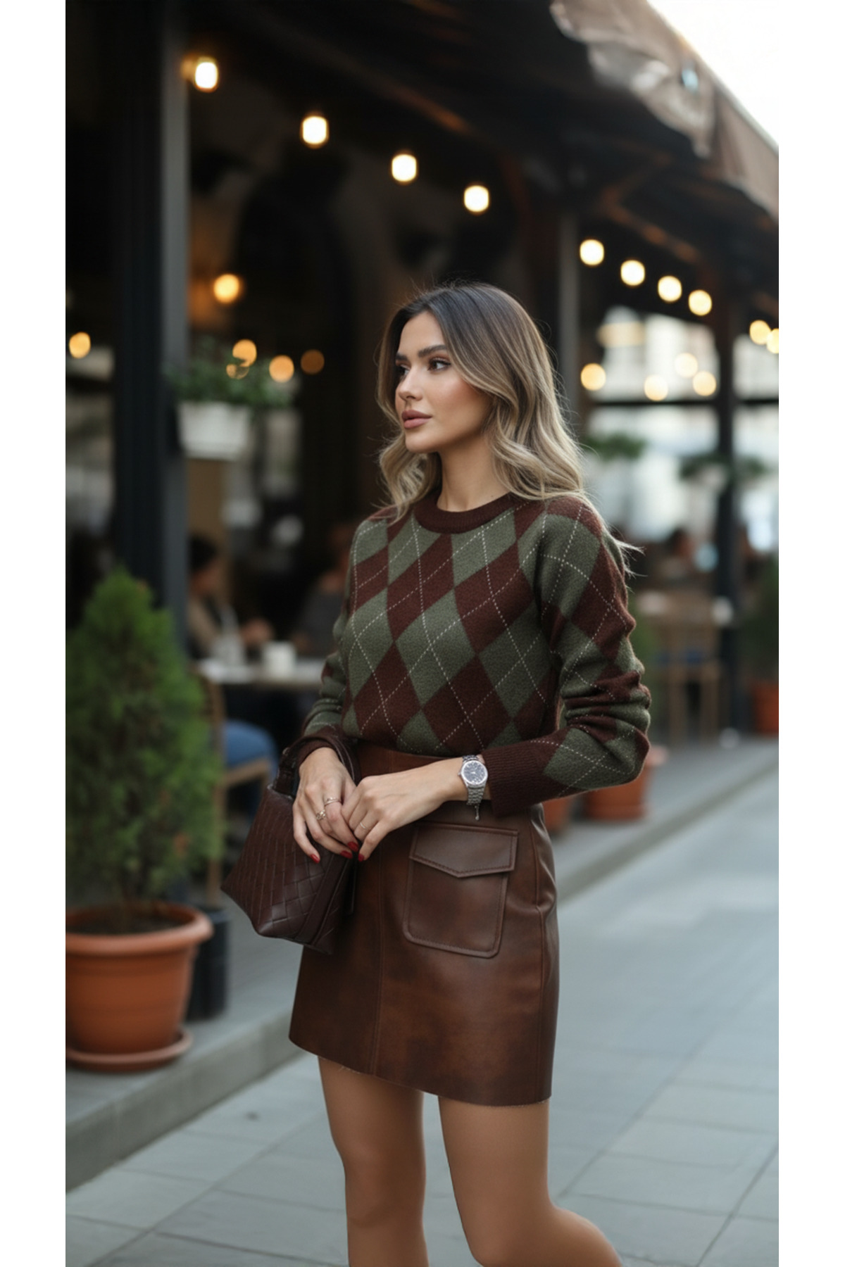 coolart  Kadın Haley Baklava Desenli Triko Kazak - Kahverengi Bisiklet Yaka - Görsel 2