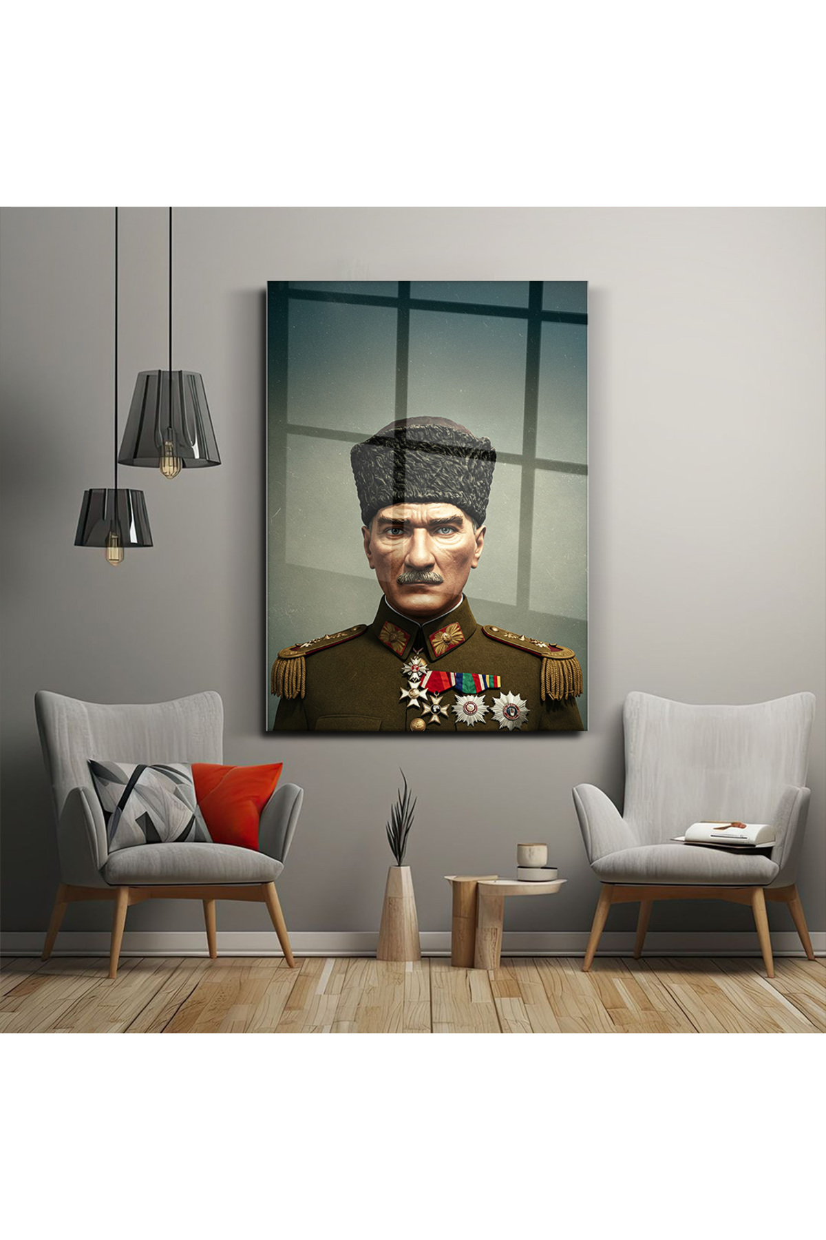 Atatürk Portre Cam Tablo – Askeri Üniformalı Mustafa Kemal Atatürk Ev ve Ofis Dekoru