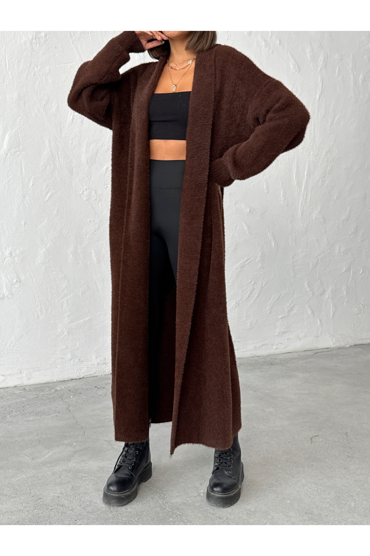 BEJNA Braune, weich strukturierte, lange Strickjacke für Damen