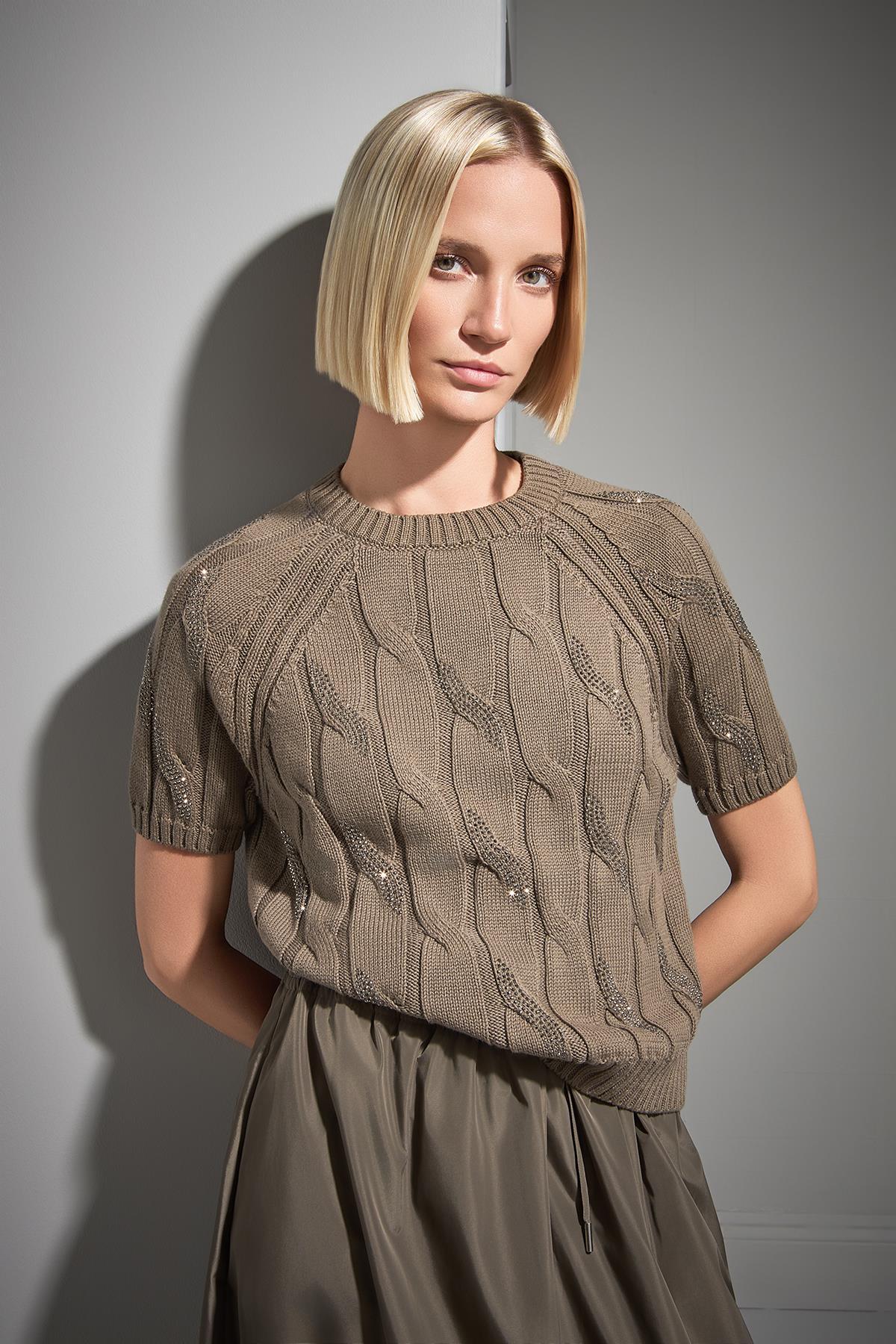 Join Us  Taş Baskılı Saç Örgülü Yeşil Triko Kazak - Görsel 3