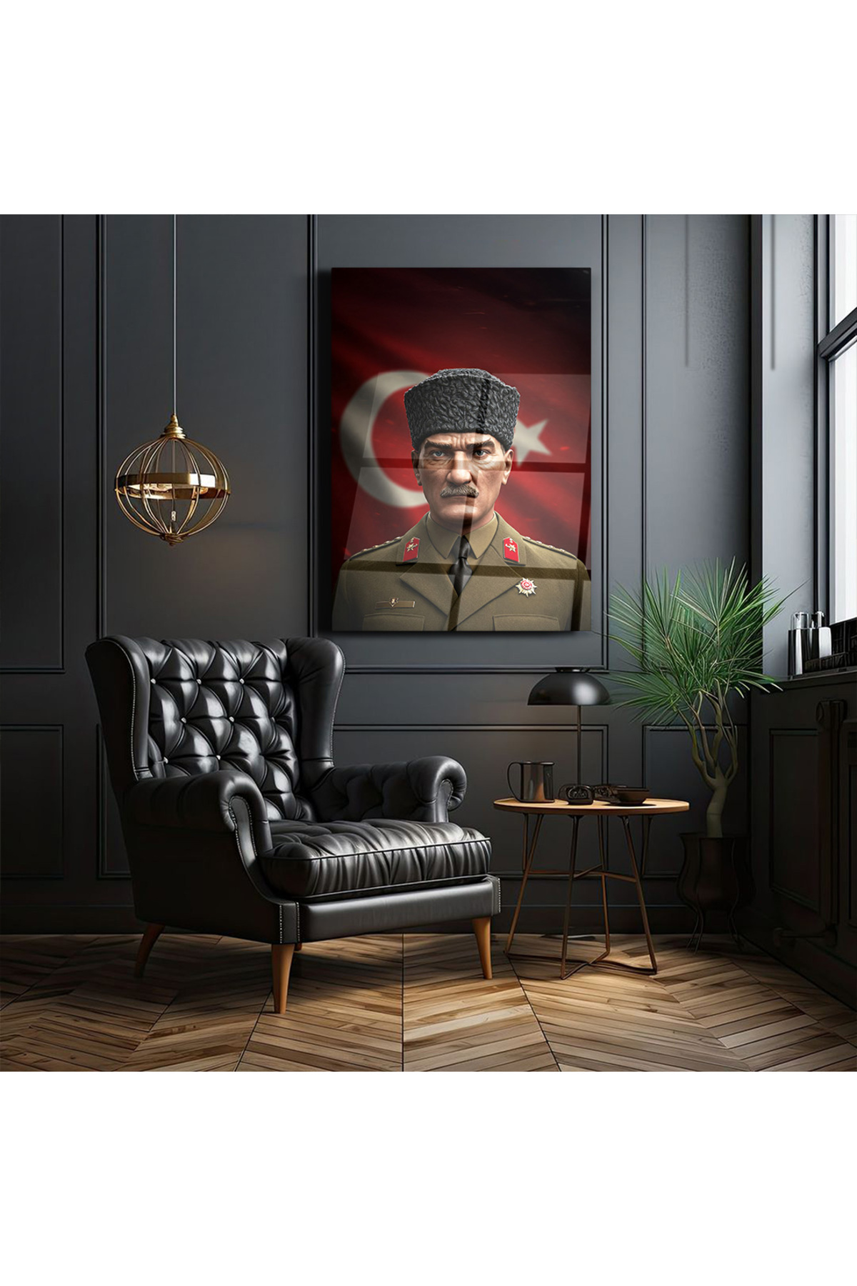Atatürk Askeri Üniformalı Türk Bayraklı Cam Tablo - Ev ve Ofis Dekoru Duvar Tablosu
