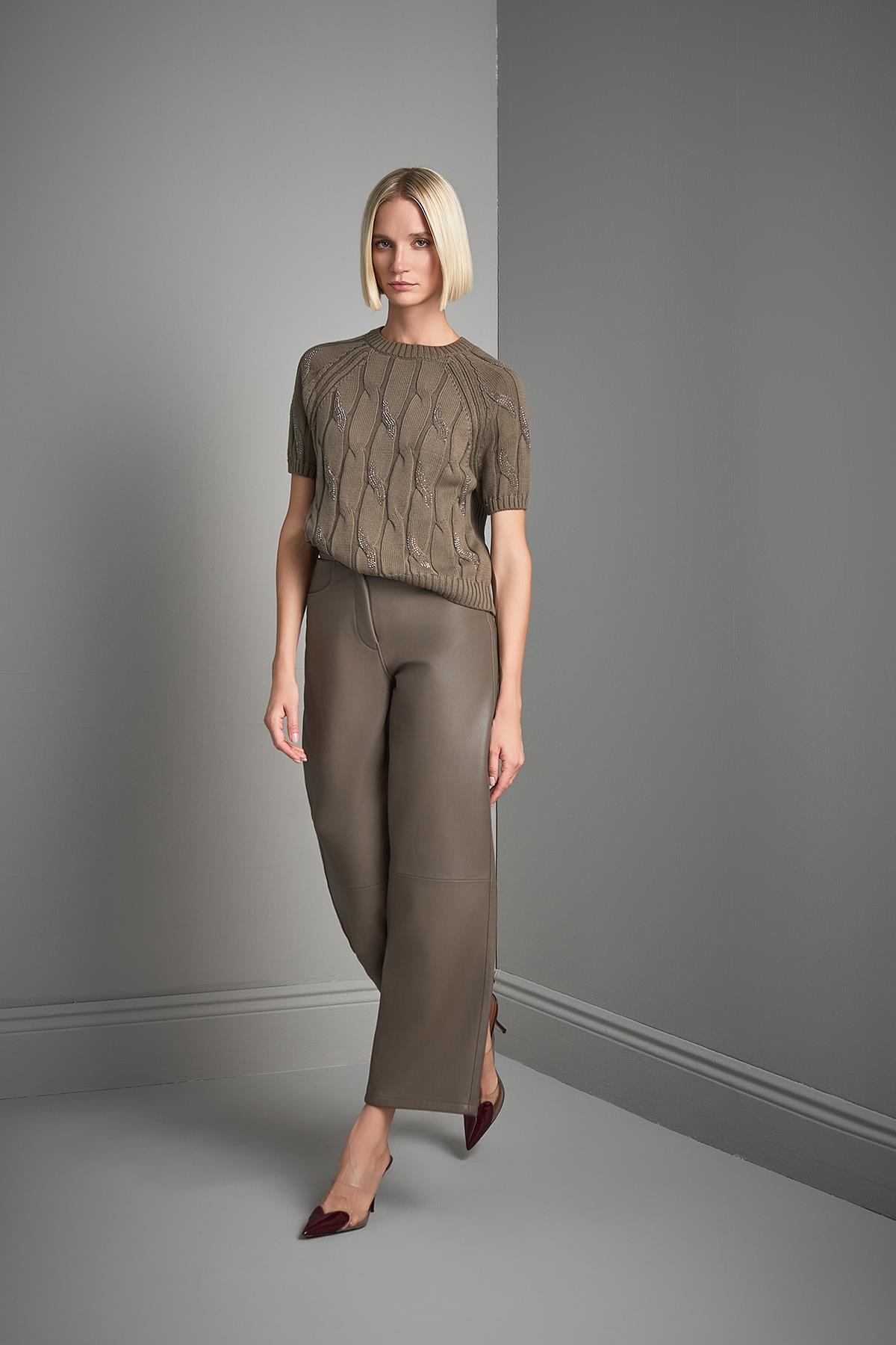 Join Us  Taş Baskılı Saç Örgülü Yeşil Triko Kazak - Görsel 4