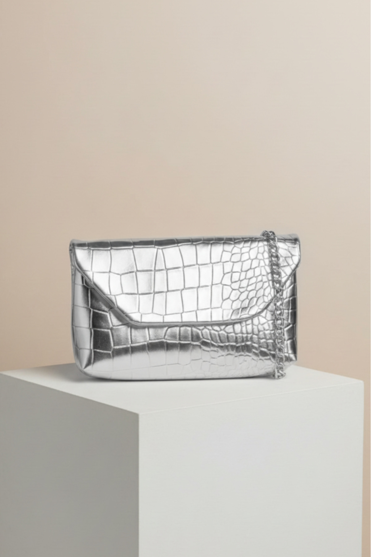 Kadın Timsah Desen Zincirli Baget El ve Omuz Çantası - Gümüş