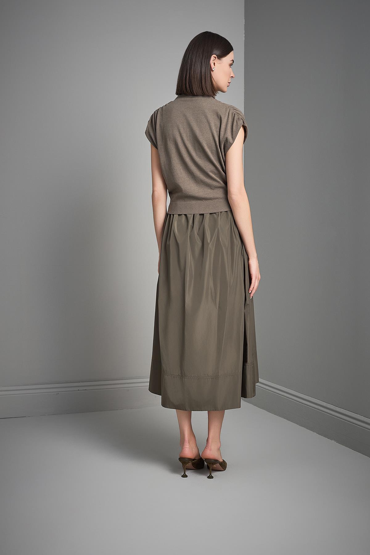 Join Us  Beli Büzgülü Yeşil Maxi Kumaş Etek - Görsel 6