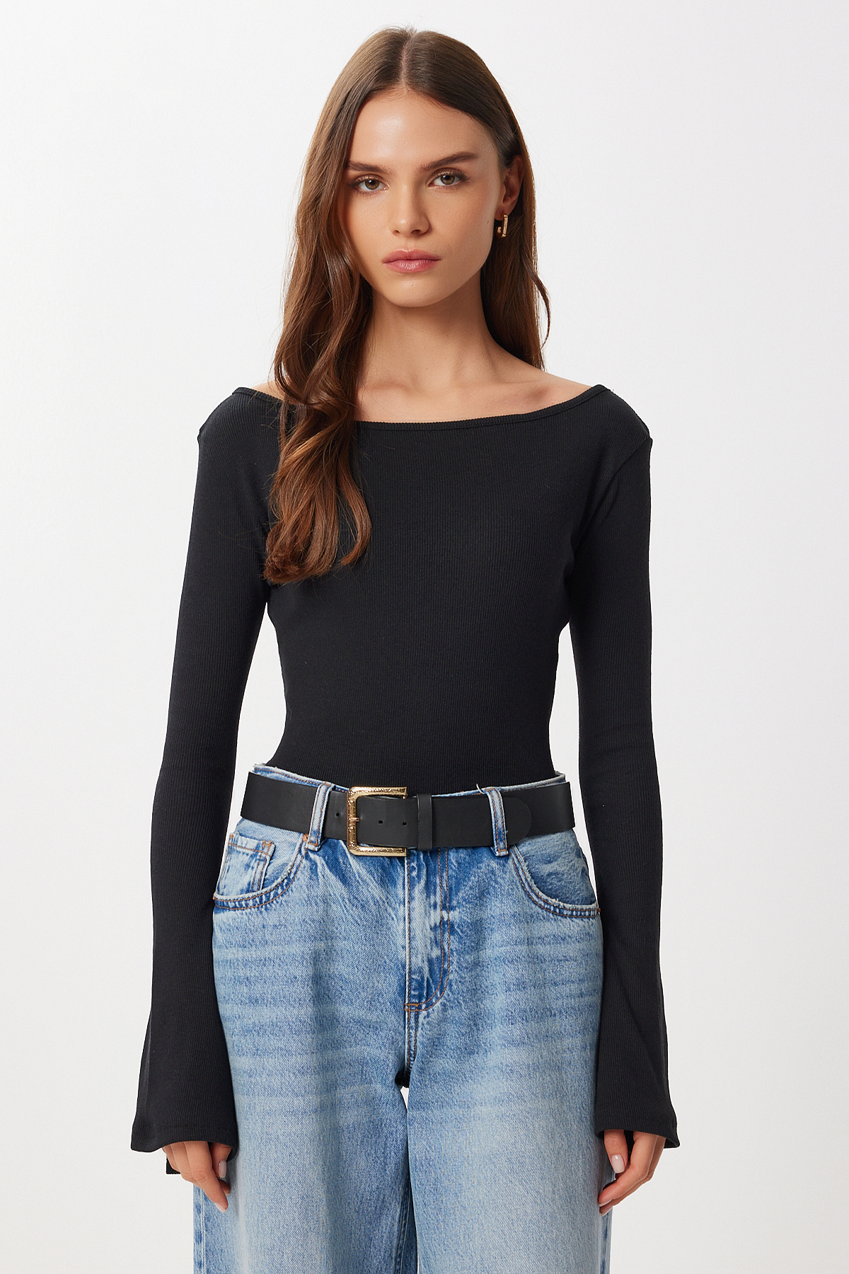 Lovelyİstanbul  Çan kollu Saran Basic Örme Bluz LEN0040 SİYAH - Görsel 4