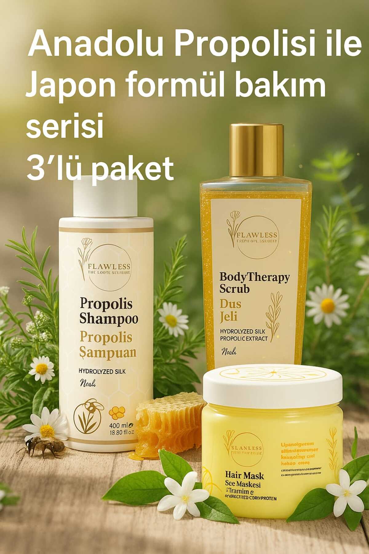 Flawless Cosmetic Japon Formüllü Saç Onarım Serisi 3'lü Set-Propolis şampuan Saç maskesi vücut bakım Duş Jeli — FC05