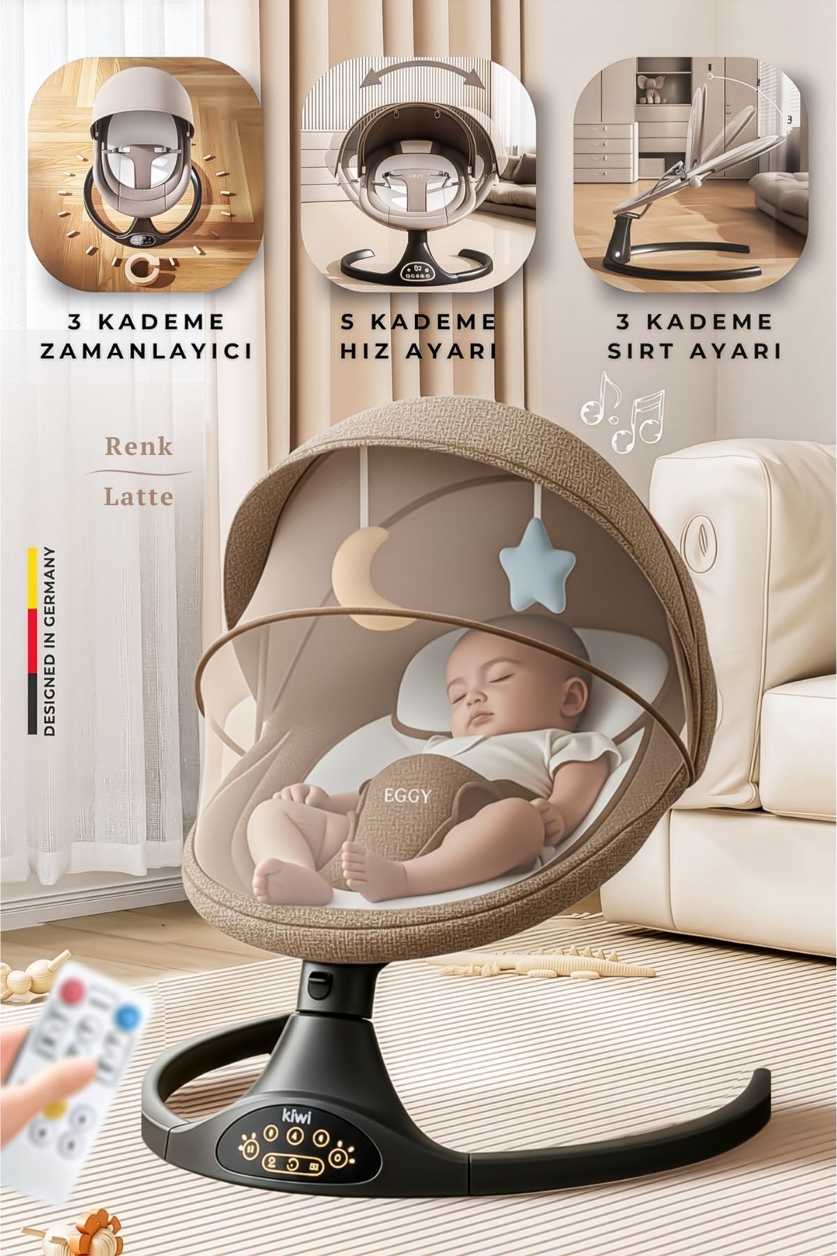 Kiwi Serenity Otomatik Sallanan Ana Kucağı, Uzaktan Kumanda - Bluetooth Müzik 0-15 KG, Elektrikli Beşik