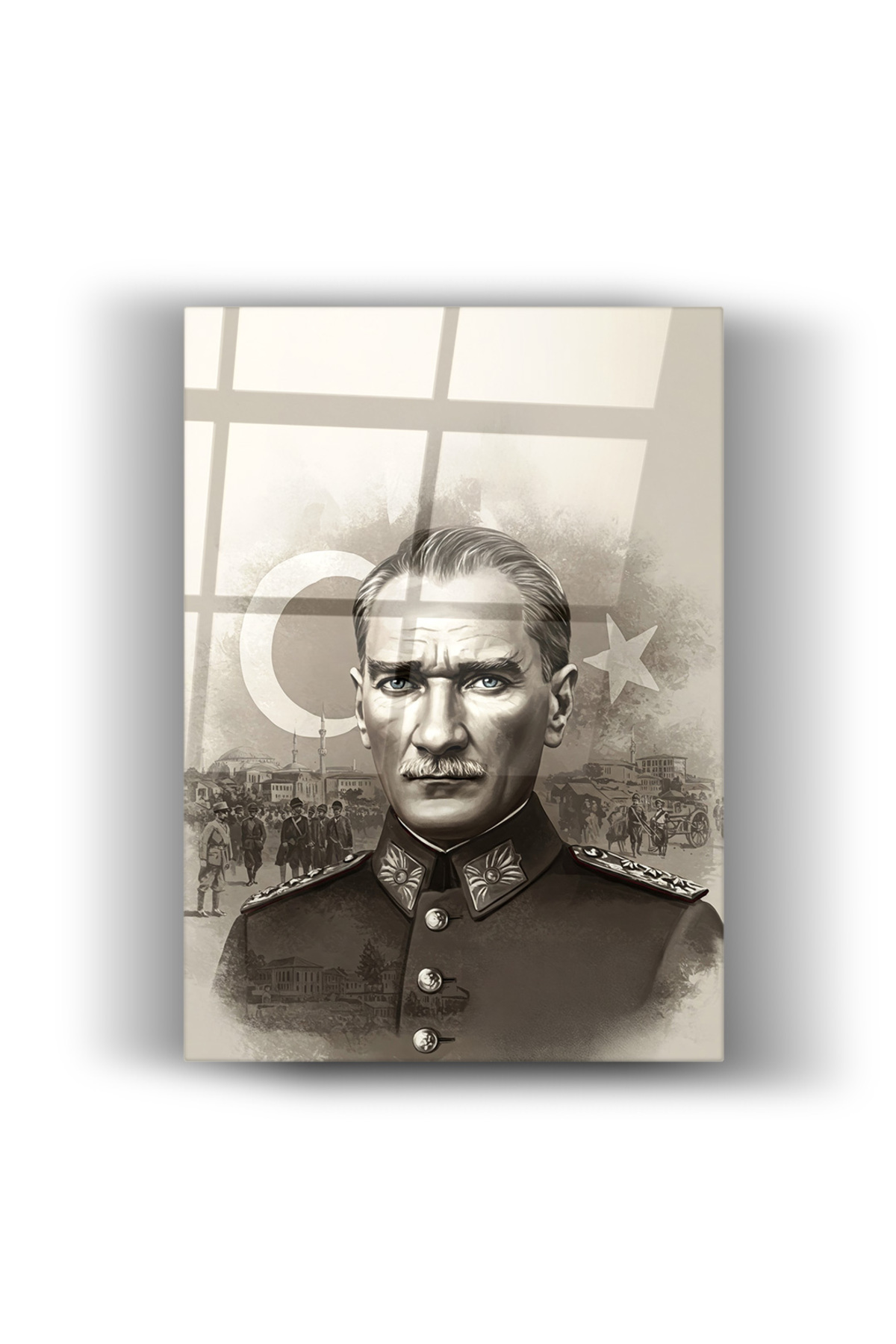 Atatürk Portre Cam Tablo – Siyah Beyaz Türk Bayraklı Tasarım, Ev ve Ofis Dekoru