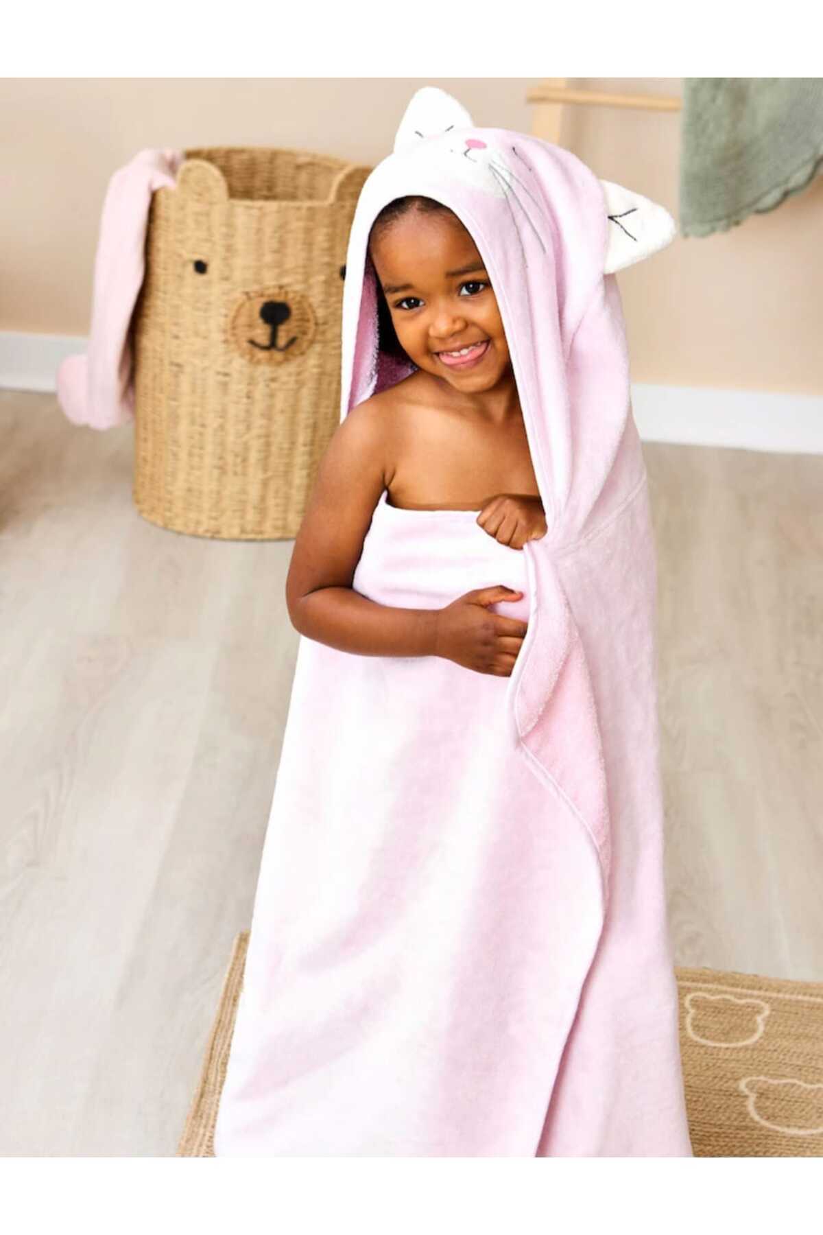 PAMUK HANIM Outlet Ürün Pamuklu Kız Bebek-çocuk Banyo Havlu Kundak Büyük boy 130x70cm pembe/KEDİ