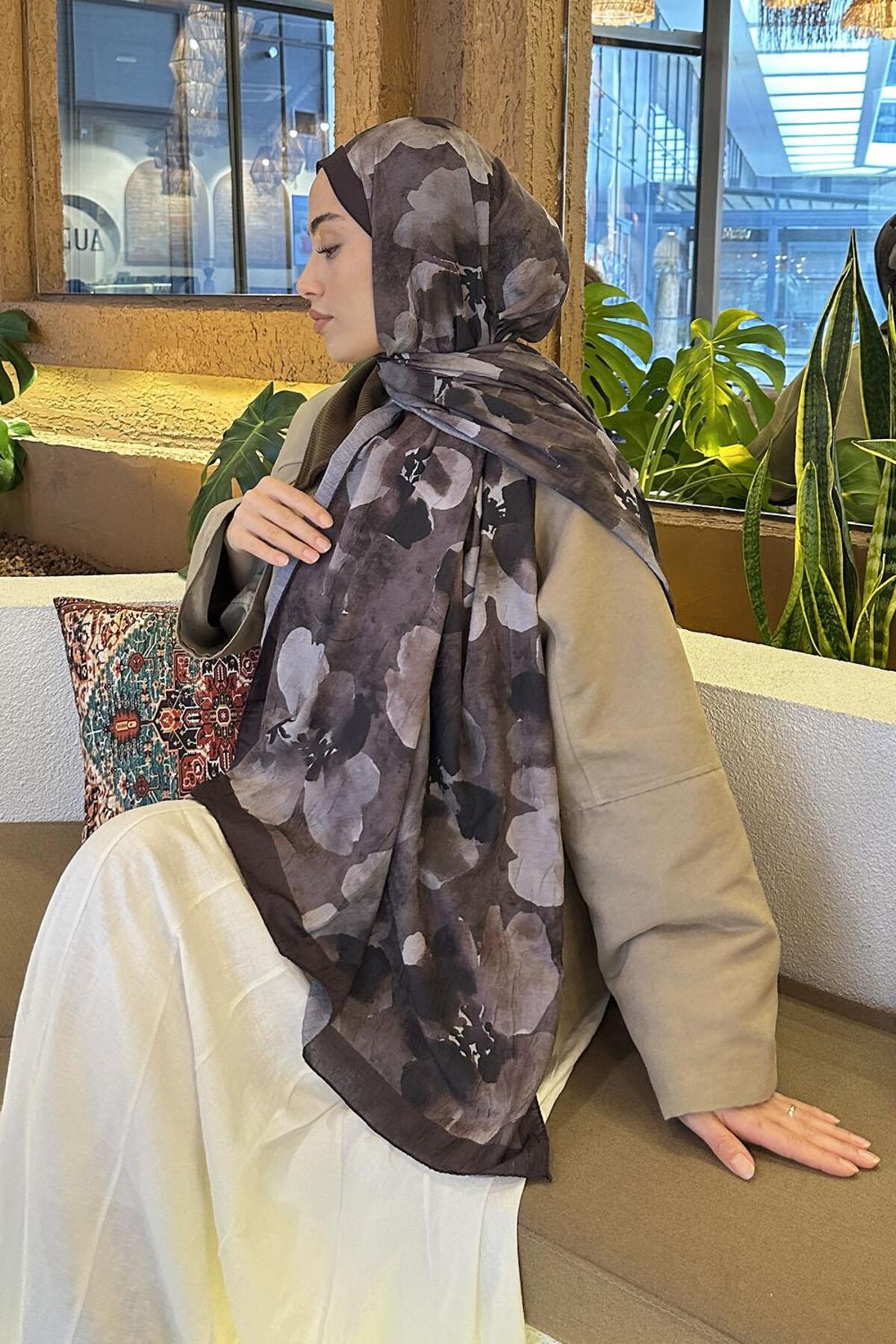 Lamelif  Batik Çiçek Desen Bambu Şal Acı Kahverengi - Görsel 5