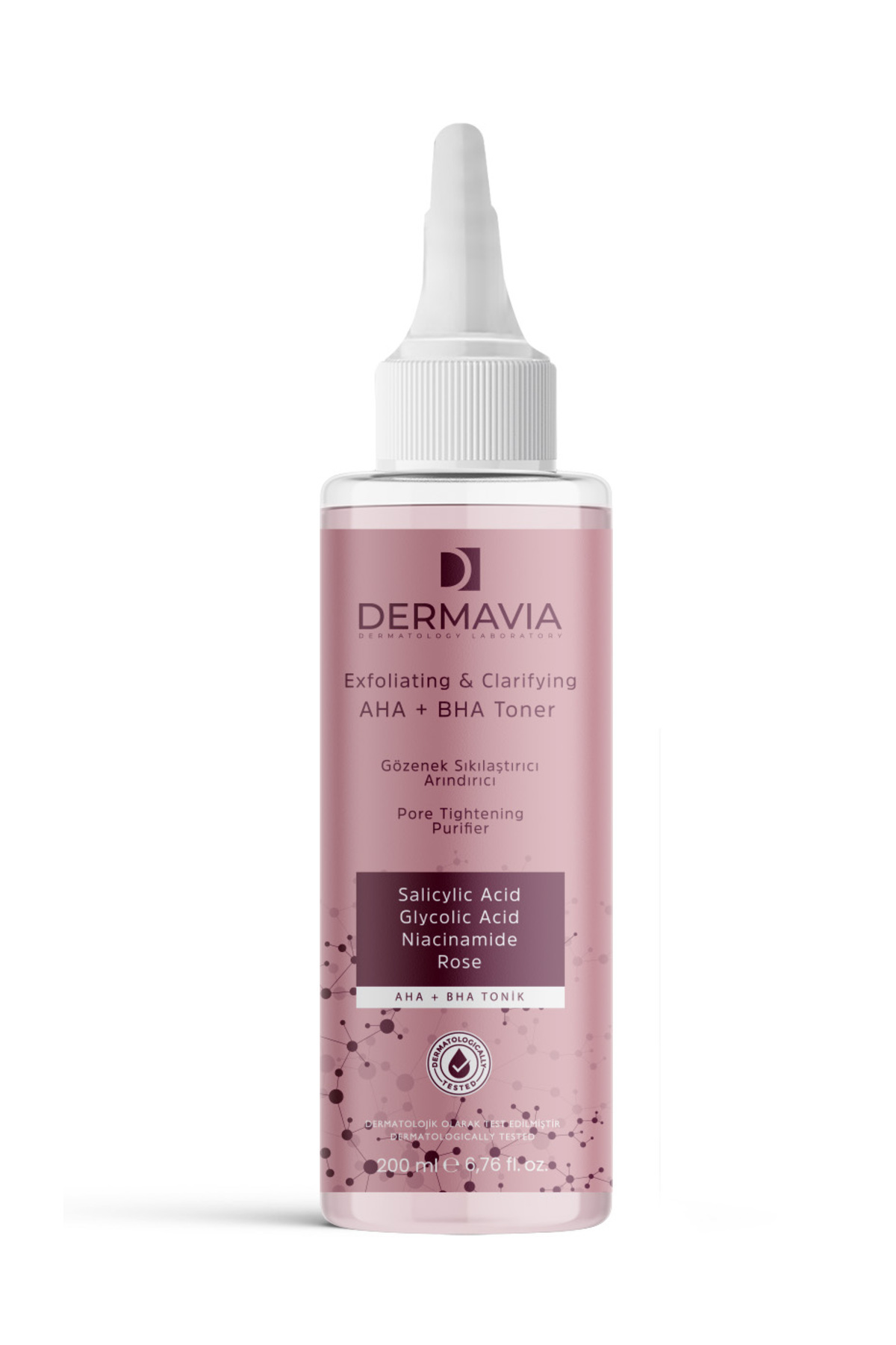 Dermavia تونر AHA + BHA 200 میلی لیتر - تونر جمع کننده منافذ، پاک کننده و بازسازی کننده پوست