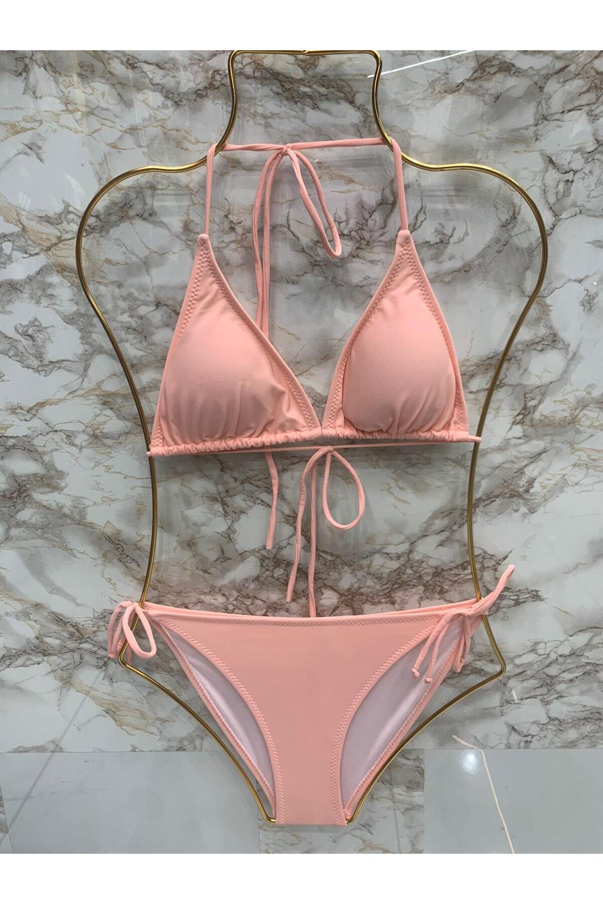 Genel Markalar Kadın Açık Pembe Likralı Yandan Boyundan Bağlamalı Şık İpli Üçgen Bikini Takım