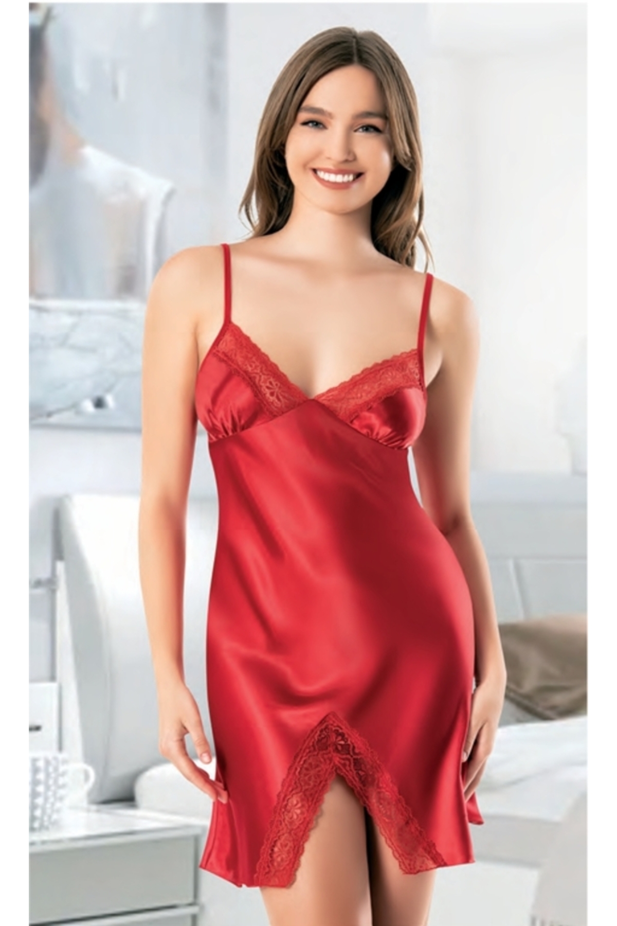 RUNA UNDERWEAR KADIN KIRMIZI SATEN MİNİ GECELİK - YIRTMAÇLI DANTELLİ GECELİK - KUTULU ÇEYİZ BOHÇA GECELİK