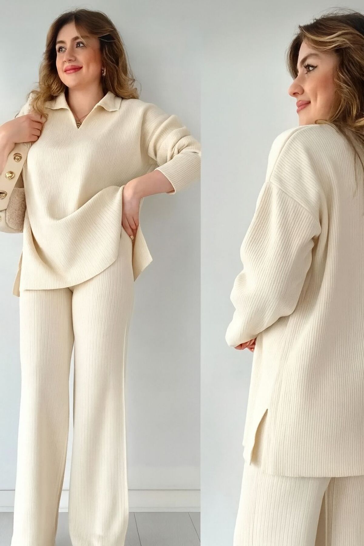 طقم تريكو نسائي سترة وبنطلون بياقة بولو