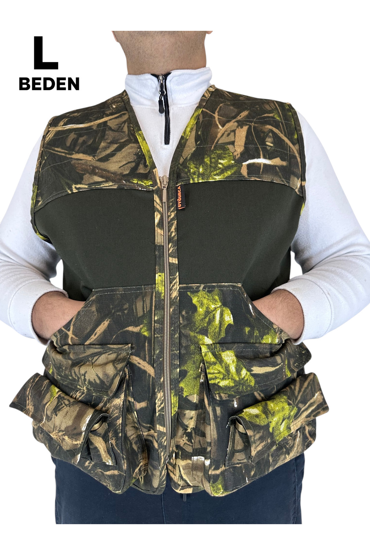 UYĞURCA L Beden Tulum Cepli Avcı Yeleği - 14 Fişek Kapasiteli - 12 Kalibre - Yeşil Ağaç Desen