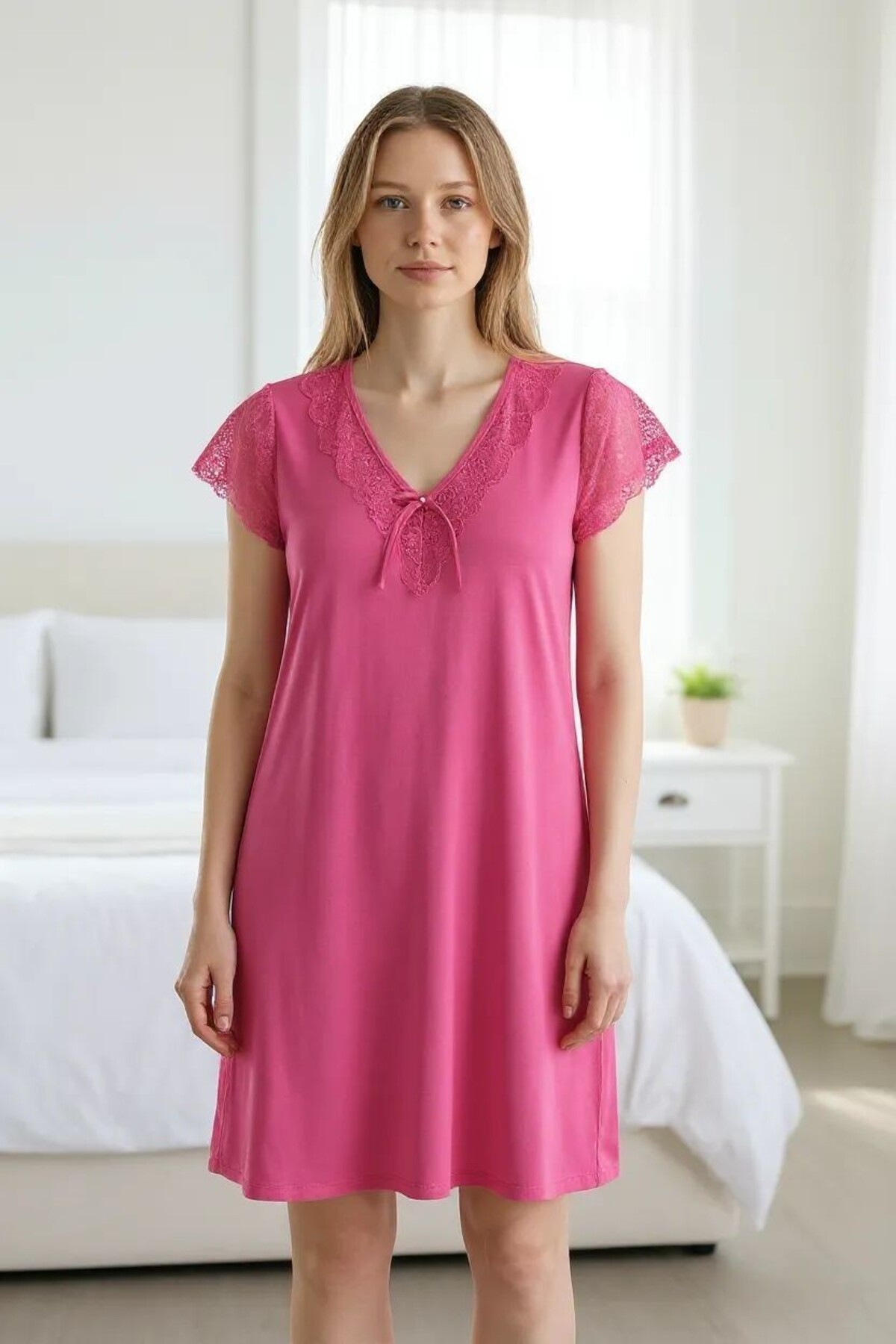 Dantelove Kırmızı Kadın Kısa Kol Rahat Şık Dantel Detay Örme Viskon Gecelik