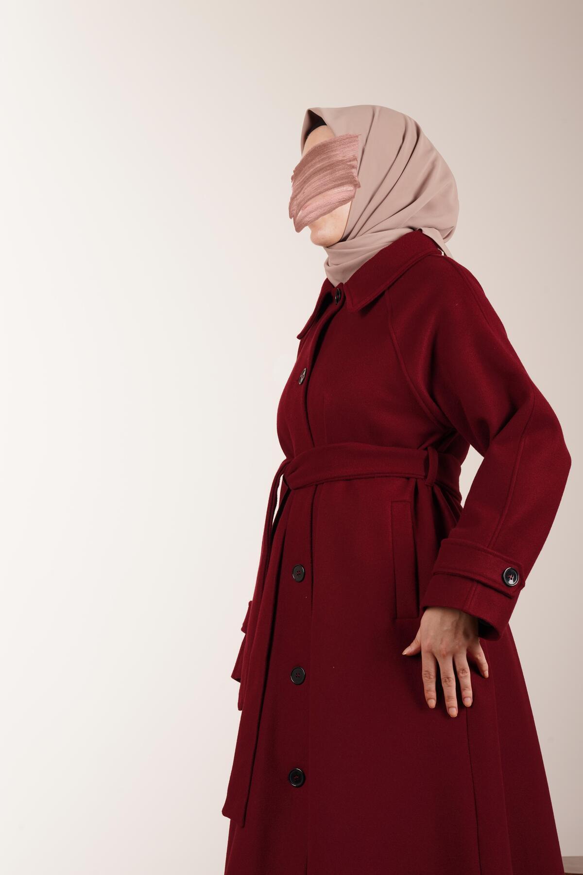 ANDE Düğmeli Kloş Kaban-Bordo görsel 4