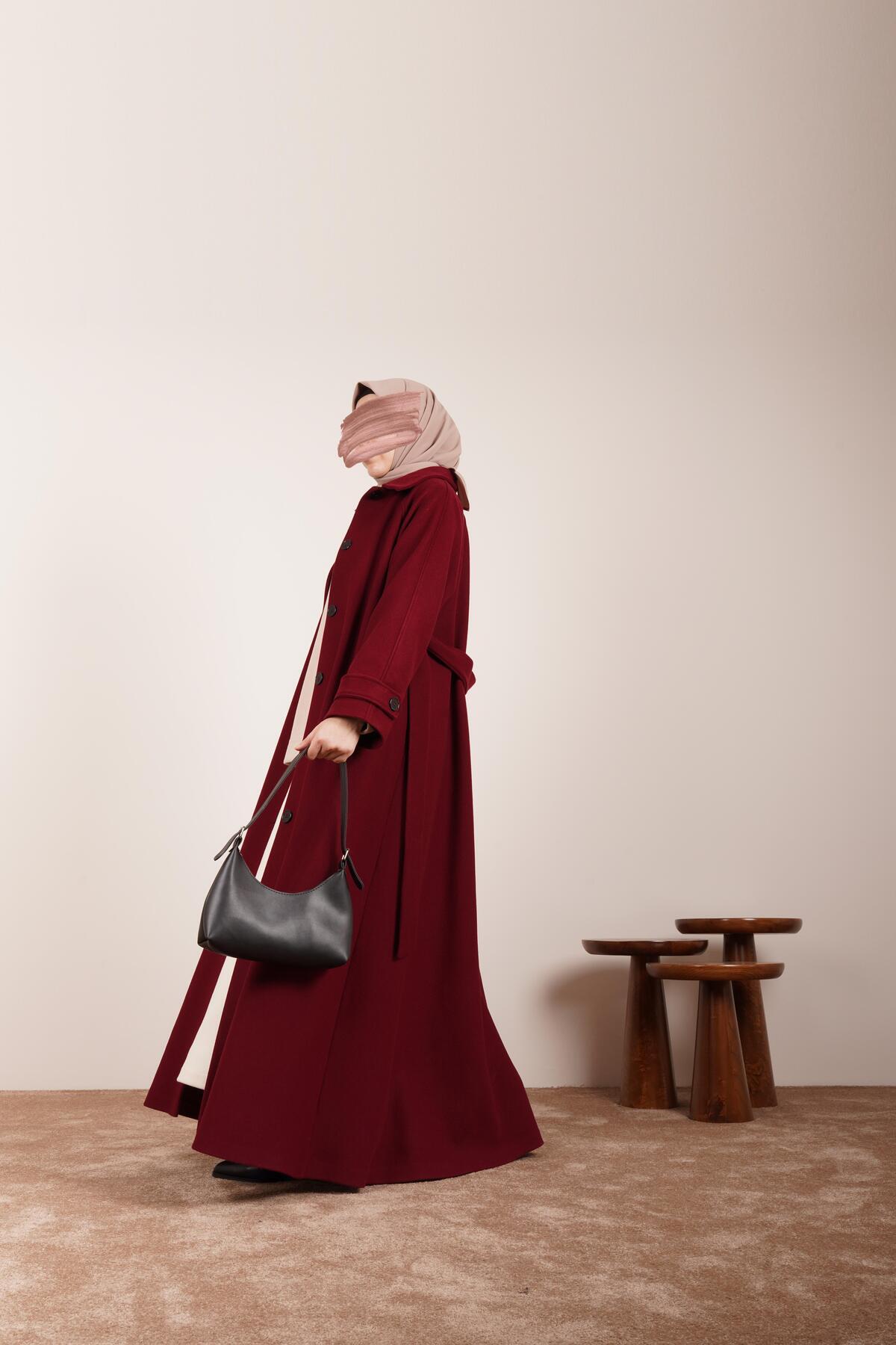 ANDE Düğmeli Kloş Kaban-Bordo görsel 2
