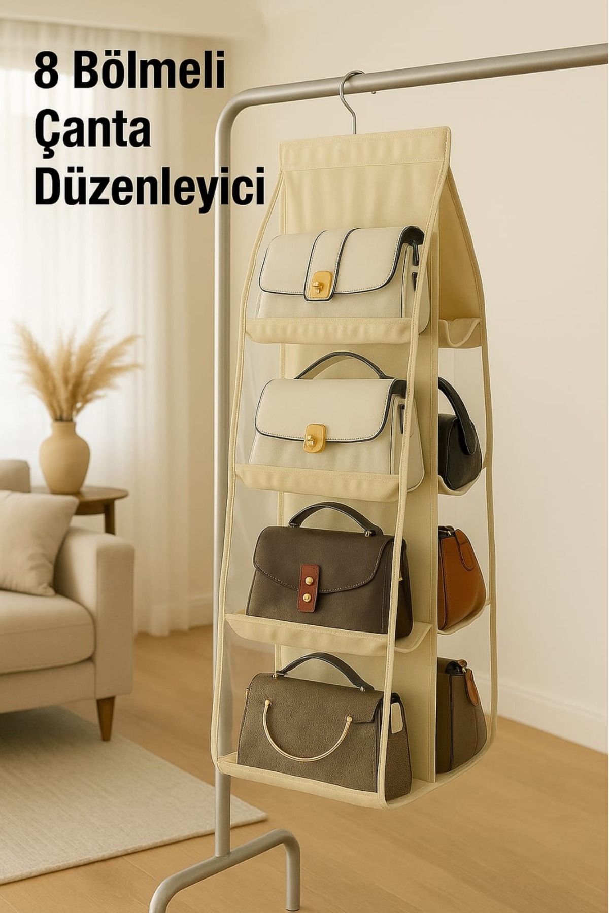 کیف و نظم‌دهنده کفش داخل کمد 8 جیبی کرم 110X37