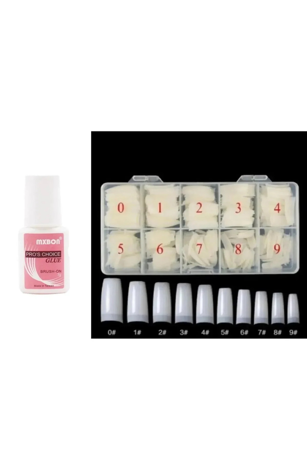 500 Lü Tips Protez Tırnak Kemik + Mxbon Fırçalı Protez Tırnak Yapıştırıcı 7 GR 2”li set