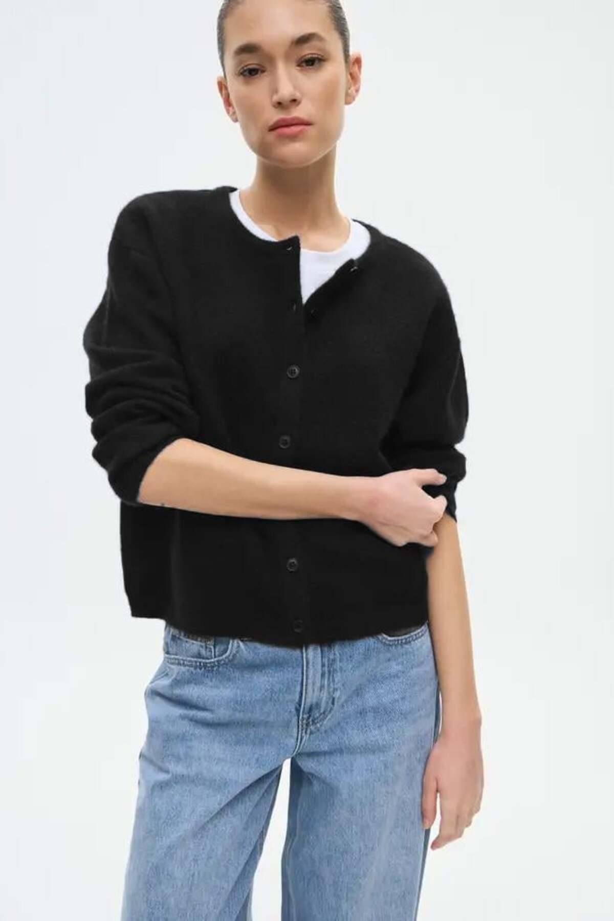 Madmext Siyah Rahat Kalıp Düğmeli Triko Kadın Hırka MG2552 görsel 5