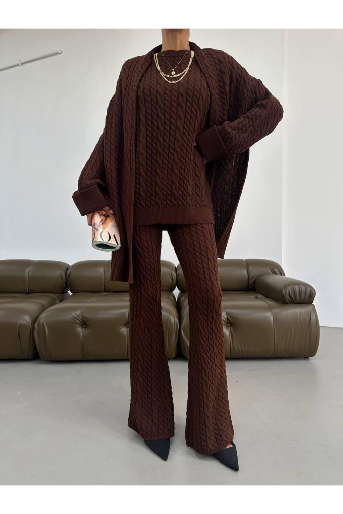 Ensemble tricot femme avec écharpe tressée, lot de 3 marron - Görsel 5