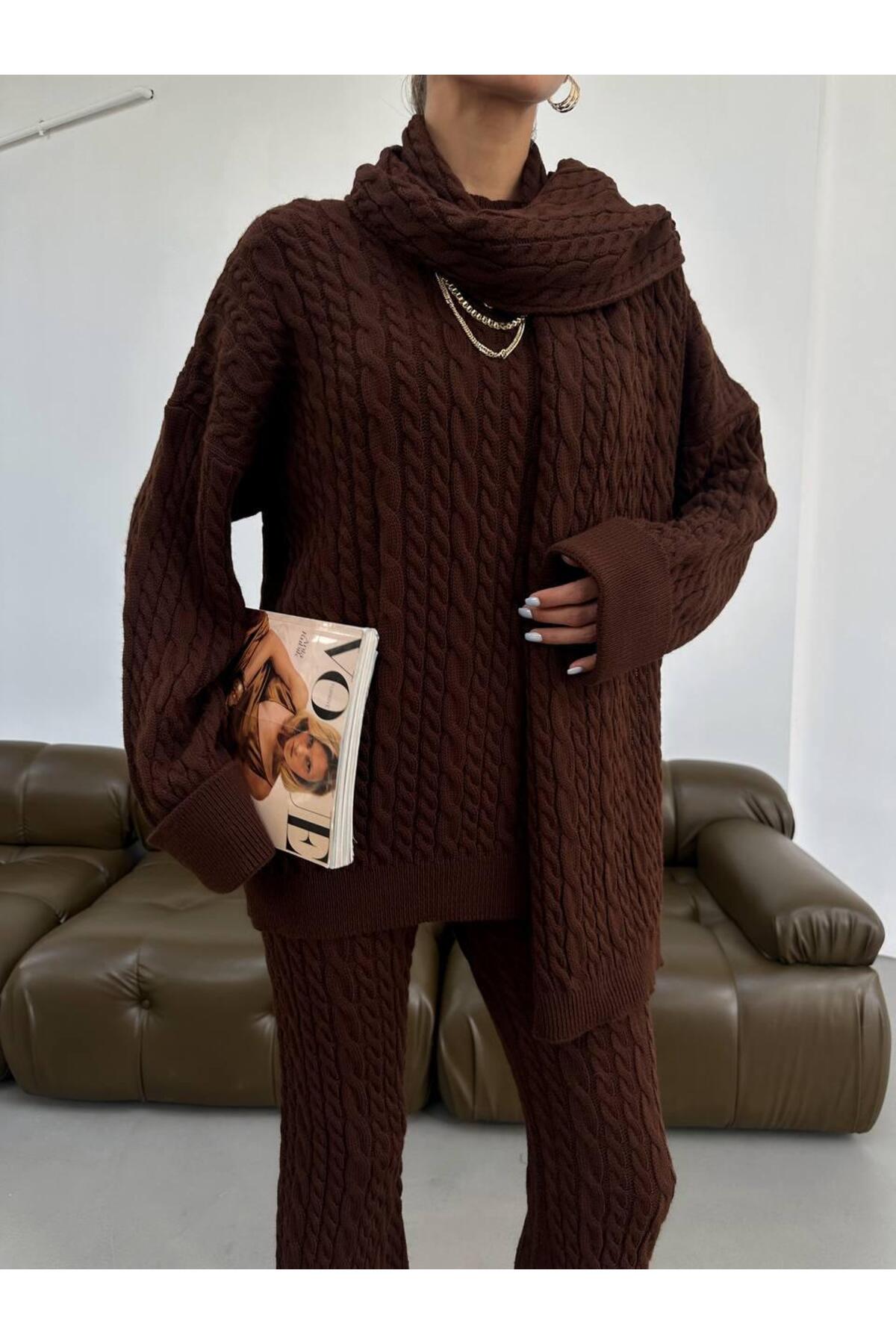 Ensemble tricot femme avec écharpe tressée, lot de 3 marron - Görsel 4