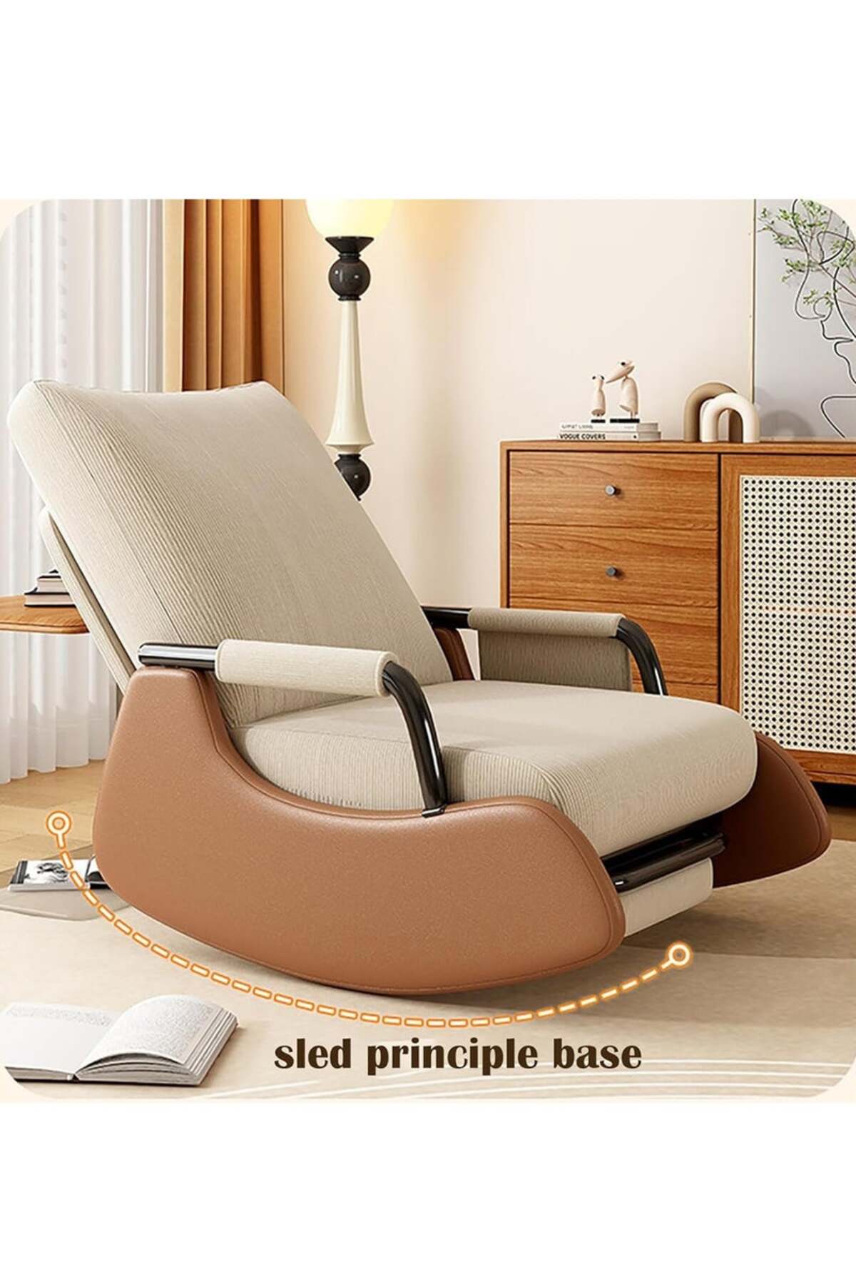 كرسي استرخاء هزاز قابل للطي مع مسند قدم عصري بني