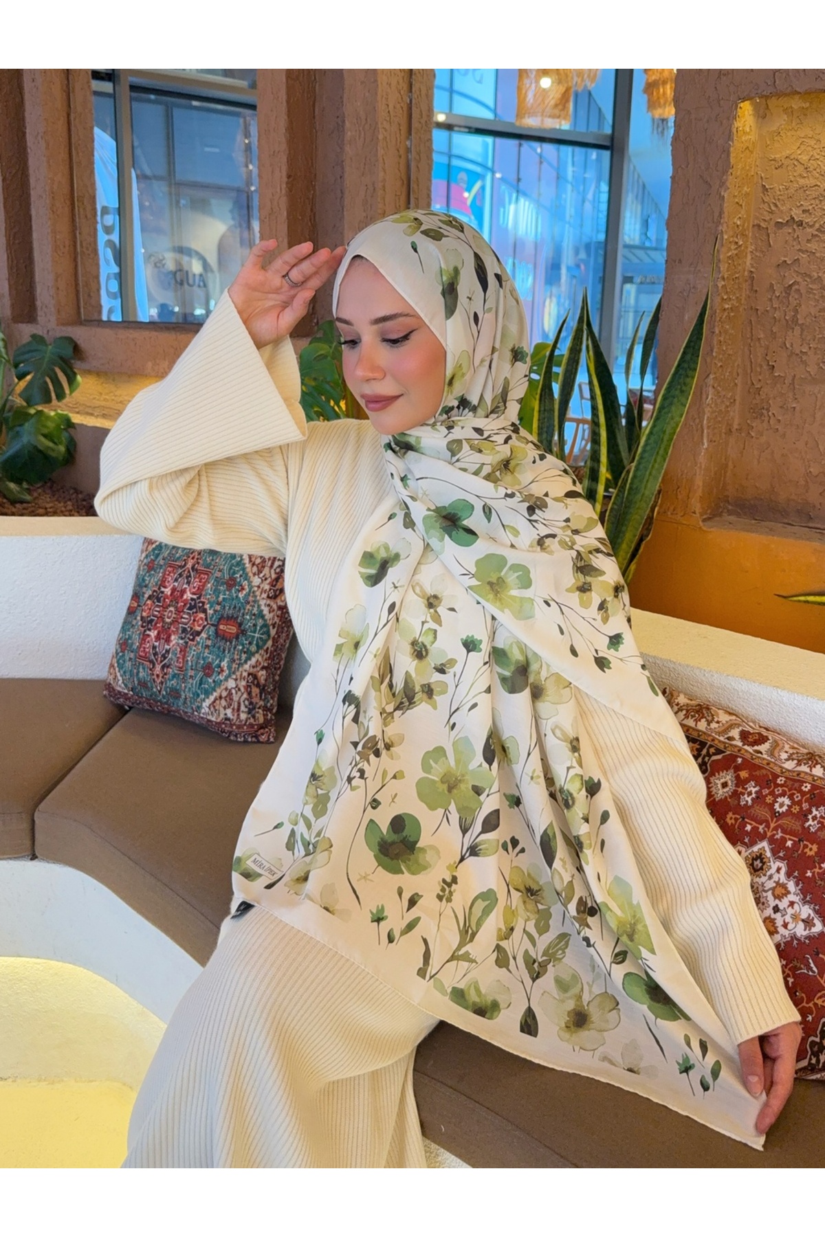 Mira İpek  Desenli Pamuk Soft Şal Soon Serisi Kırık Beyaz-Yeşil ps106 - Görsel 5