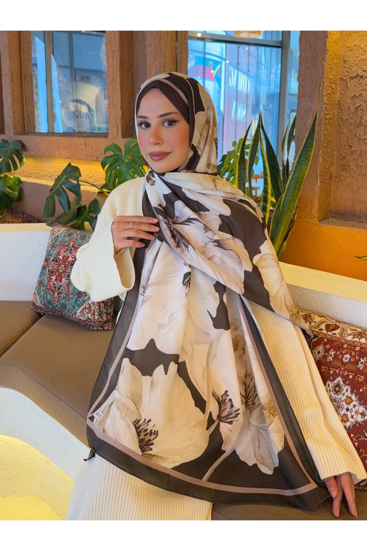 Mira İpek  Desenli Pamuk Soft Şal Soon Serisi Haki Kahve ps102 - Görsel 3