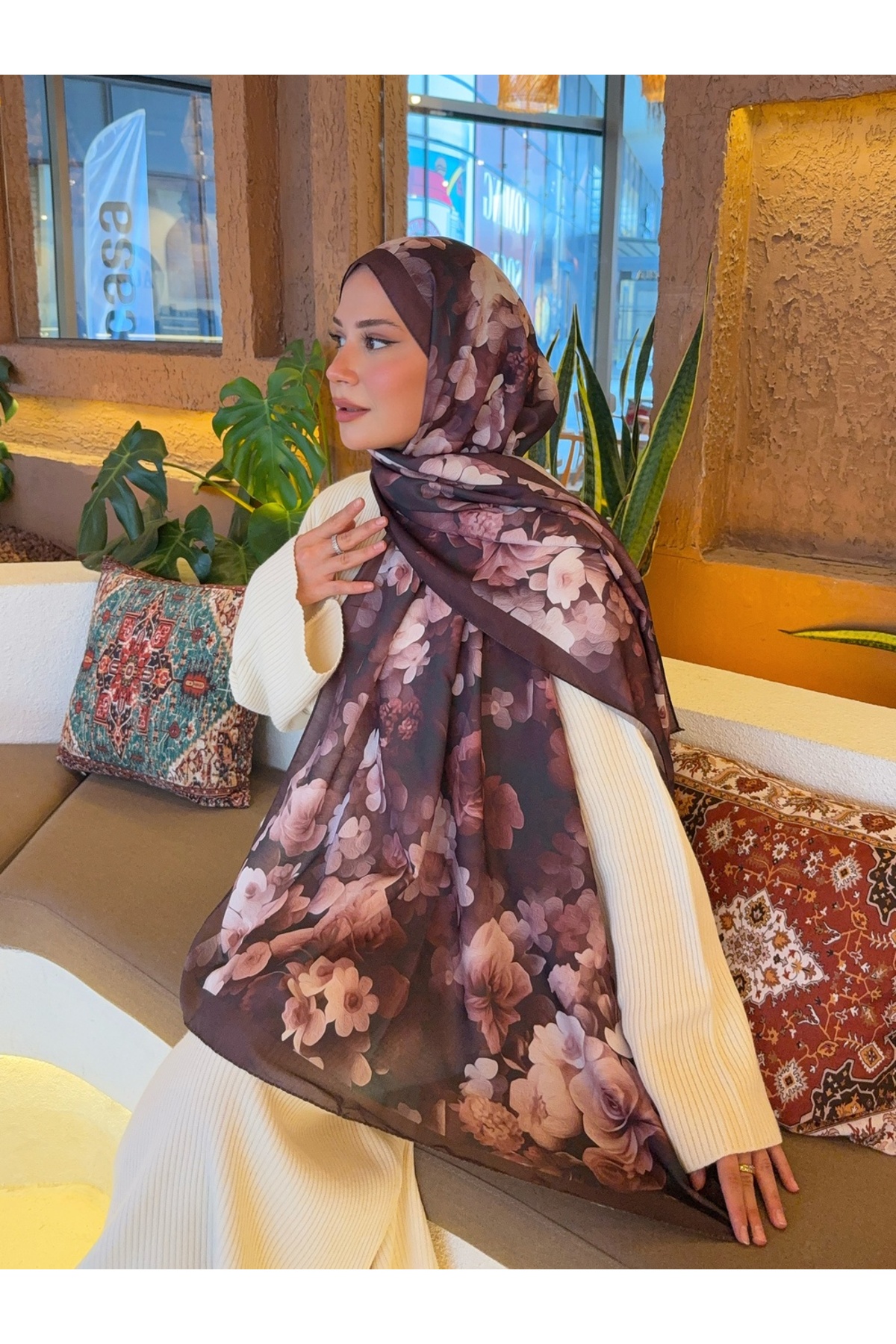 Mira İpek  Desenli Pamuk Soft Şal Soon Serisi Acı Kahve ps105 - Görsel 6